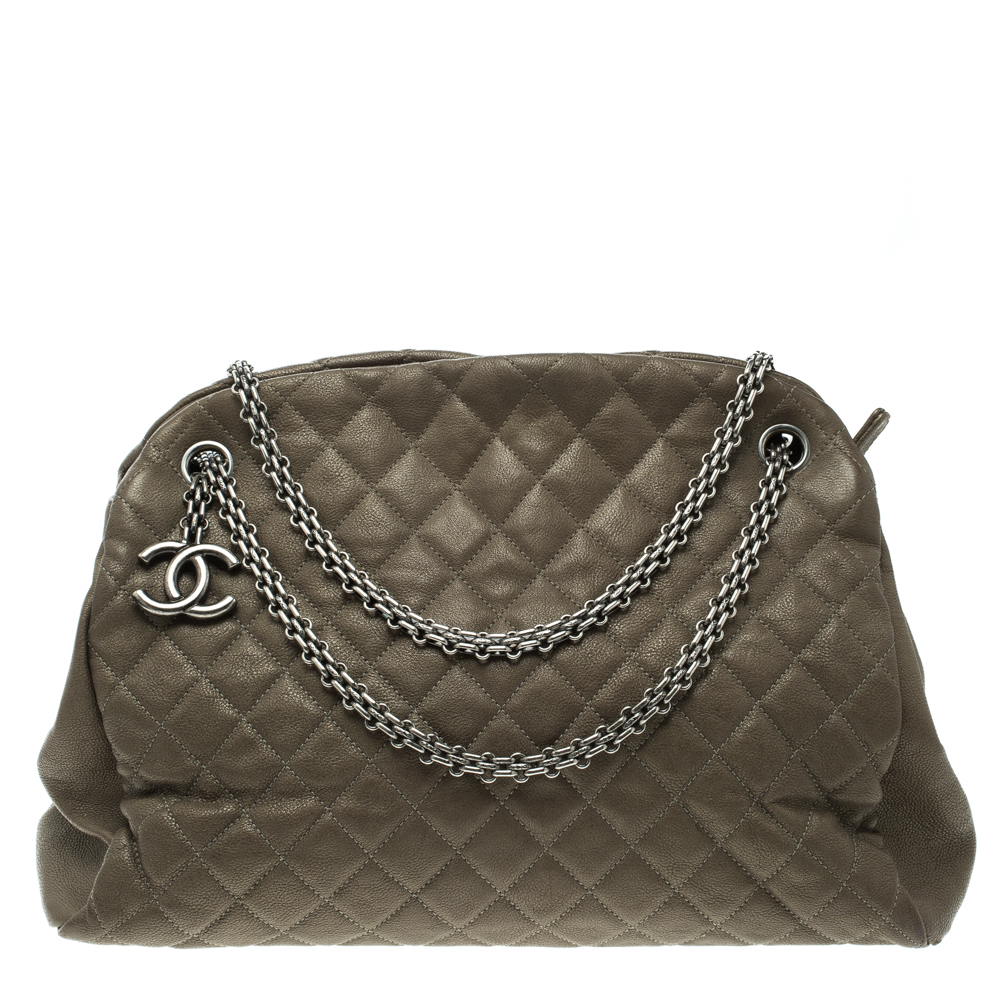Pre Owned Chanel Khaki Quilted Leather Large Just Mademoiselle Bowling Bag