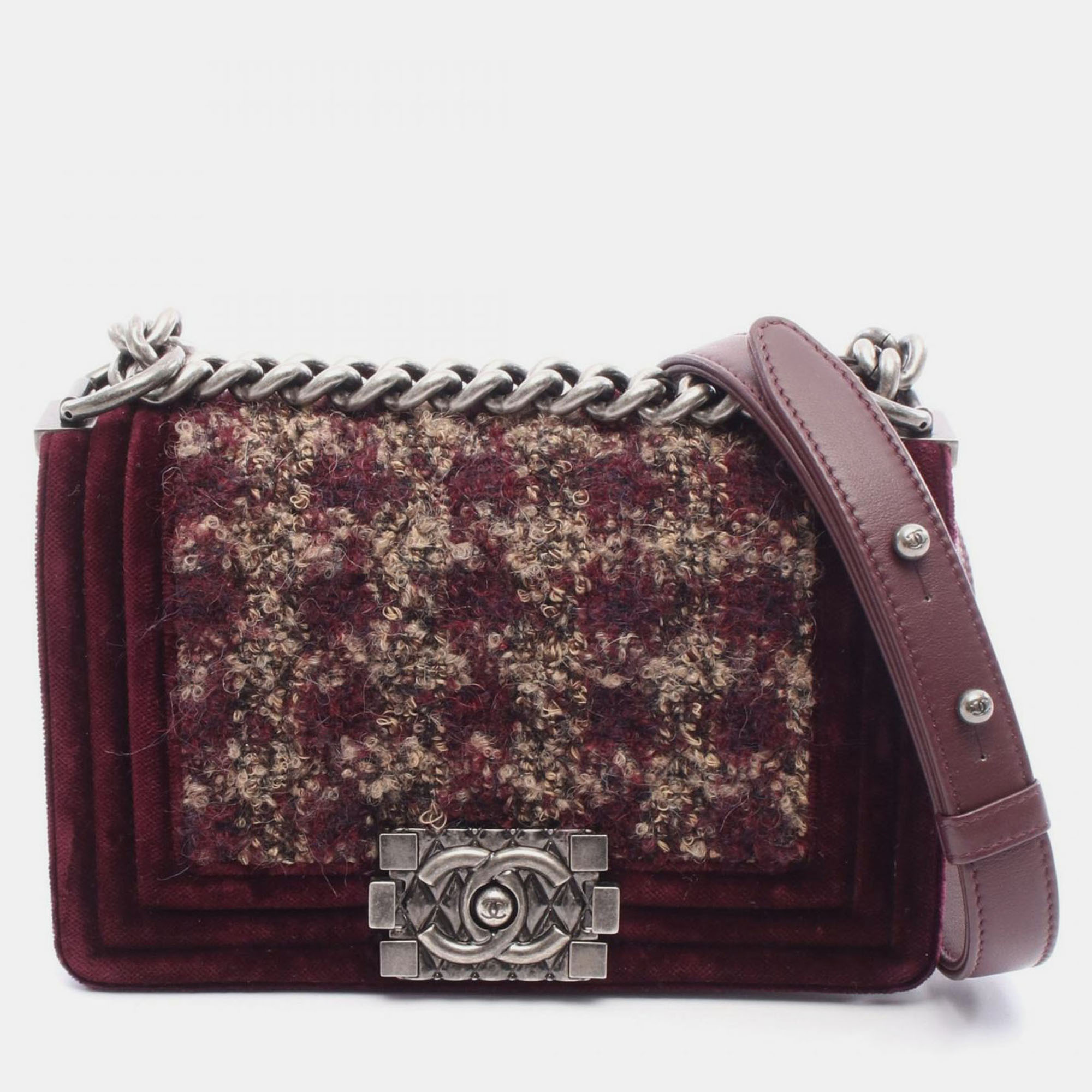 

Chanel Boy Small Bordeaux Tweed, Leather Shoulder Bag, Red