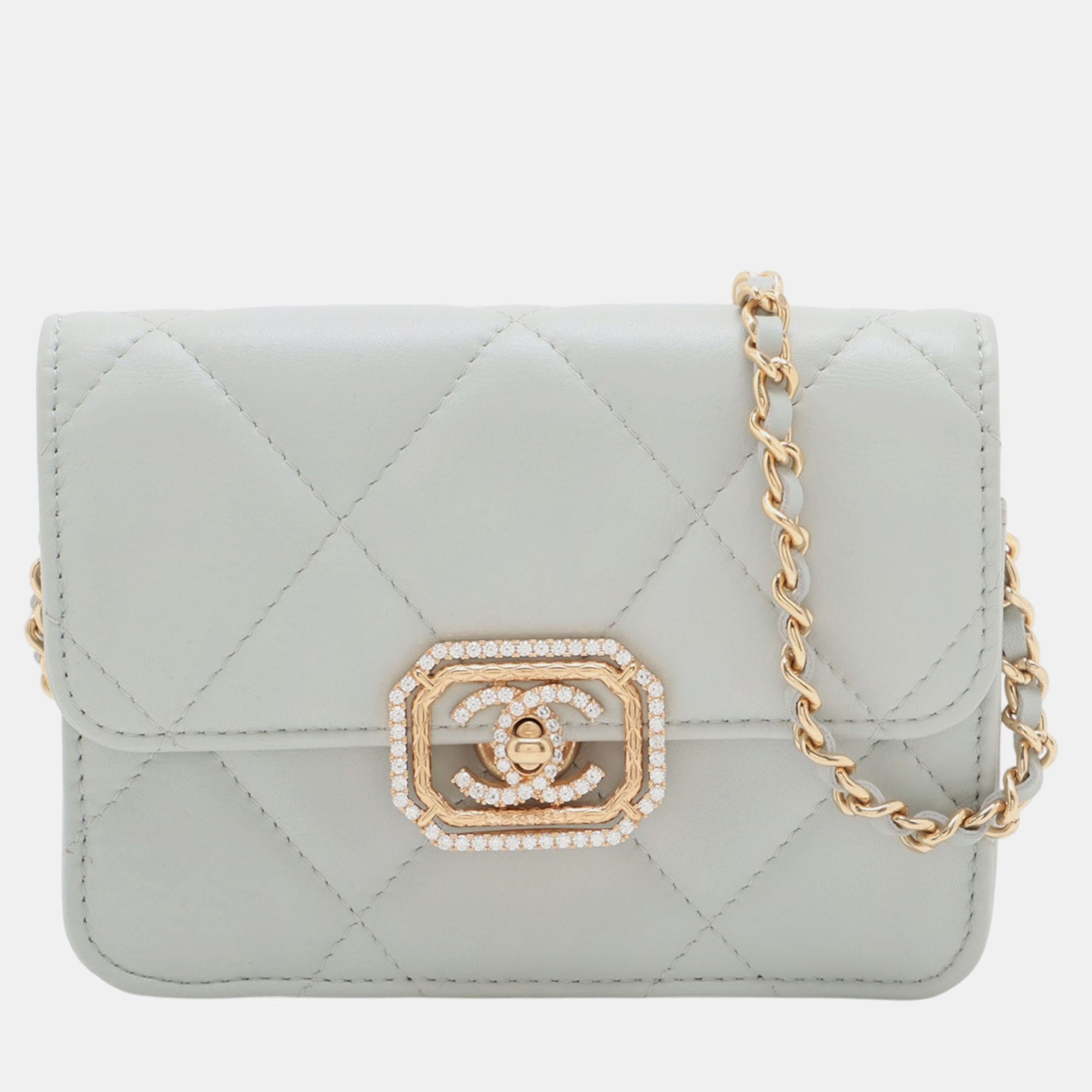 

Chanel Grey Quilted Lambskin Crystal Clutch on Chain