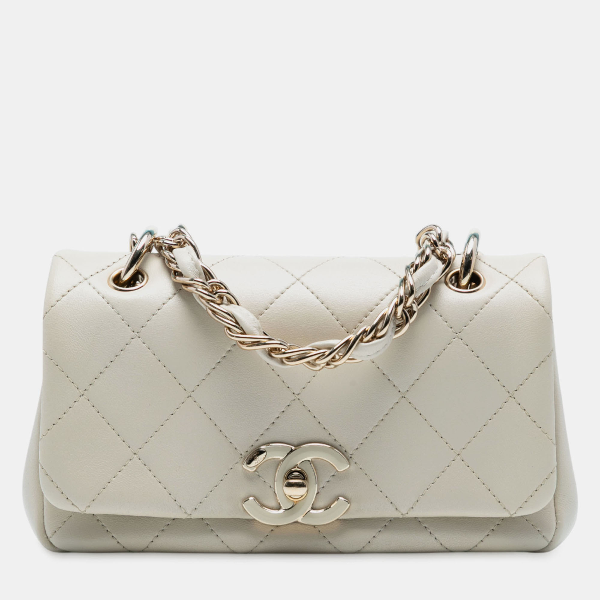 

Chanel White Medium Lambskin Twist Chain Enamel CC Flap