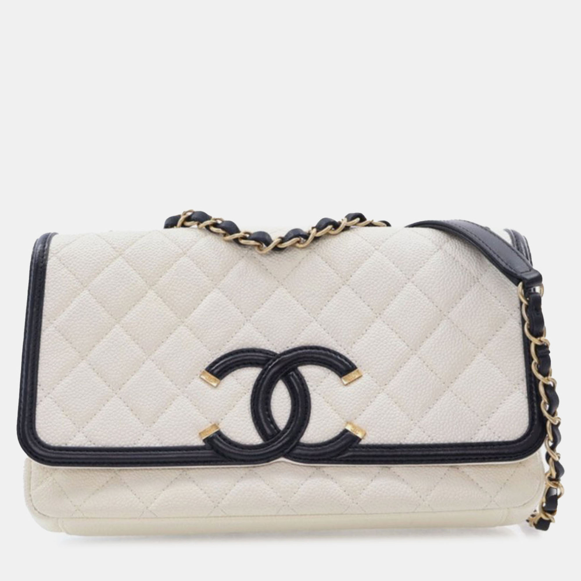 

Chanel Black White Medium Bicolor Caviar CC Filigree Flap