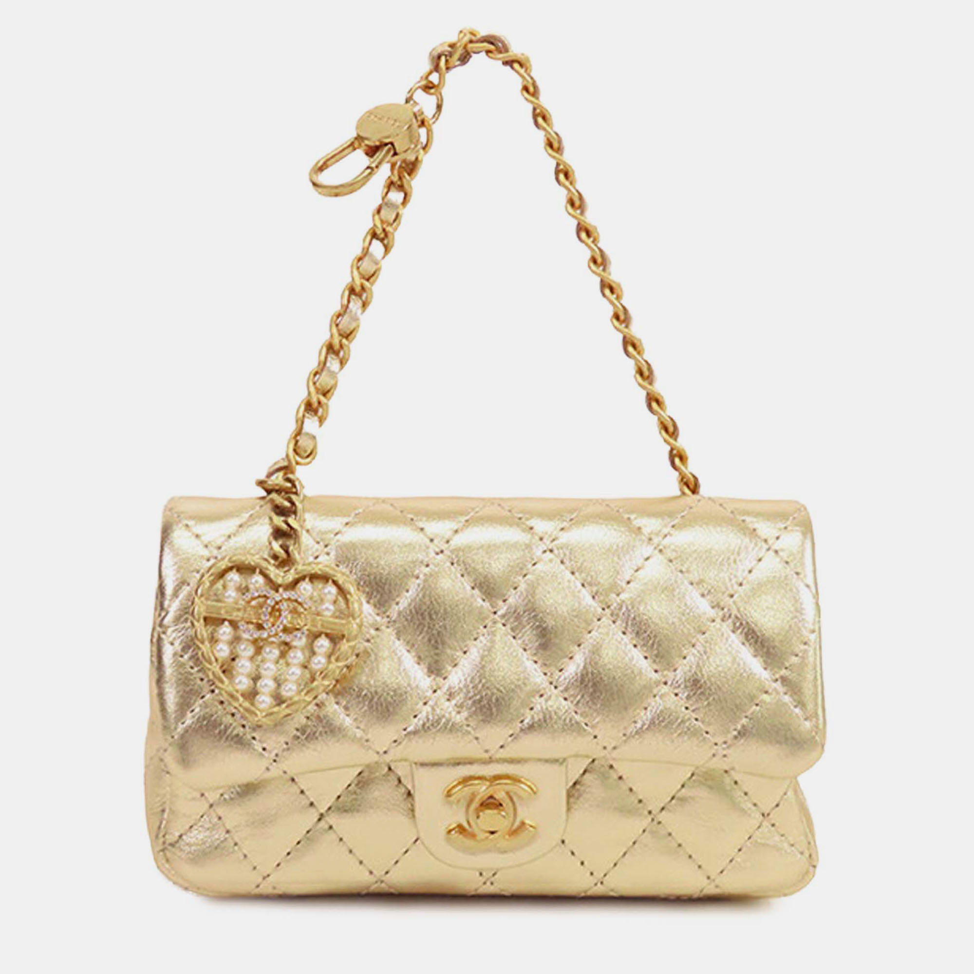 Pre-owned Chanel Gold Mini Classic Metallic Calfskin Charm Double Flap