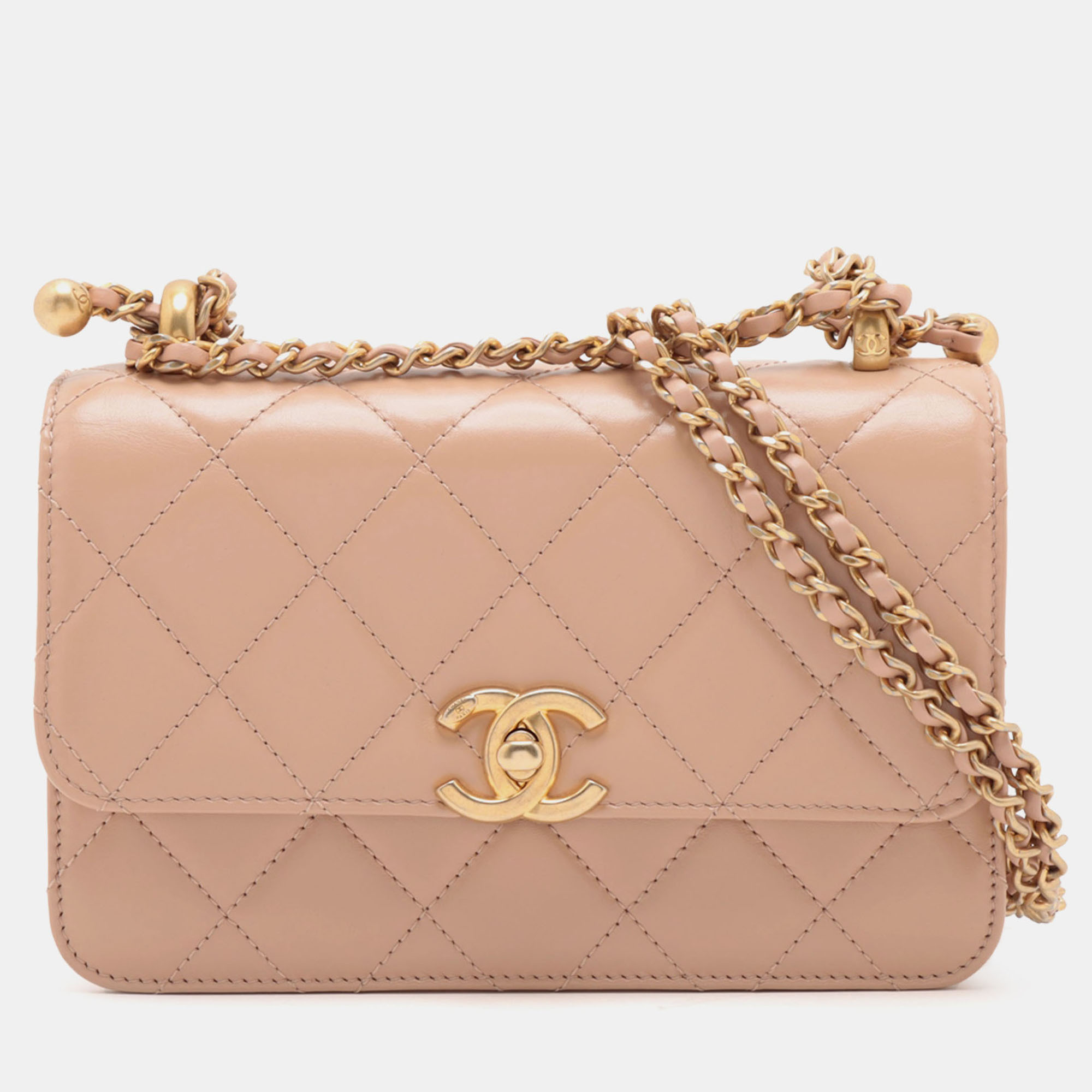 Pre-owned Chanel Beige Mini Quilted Lambskin Perfect Fit Flap In Sand