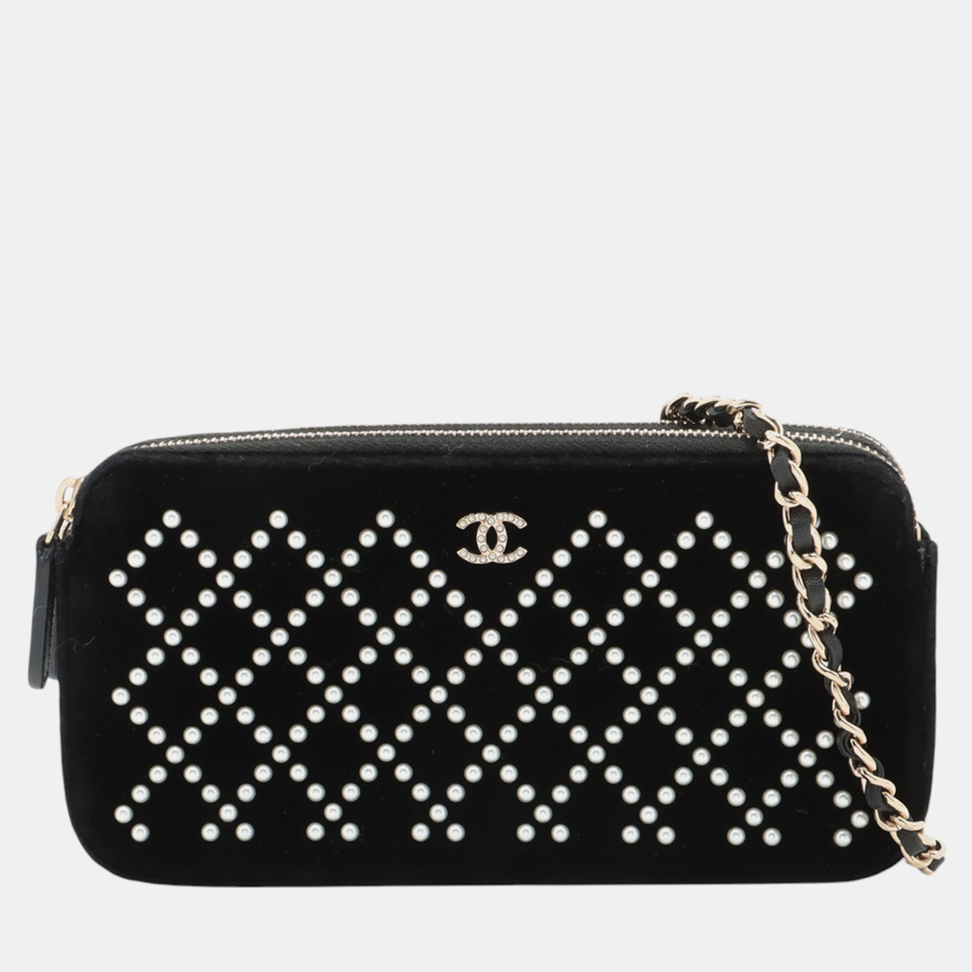Pre-owned Chanel Black Velour Pearl Embellished Double Zip Clutch With Chain