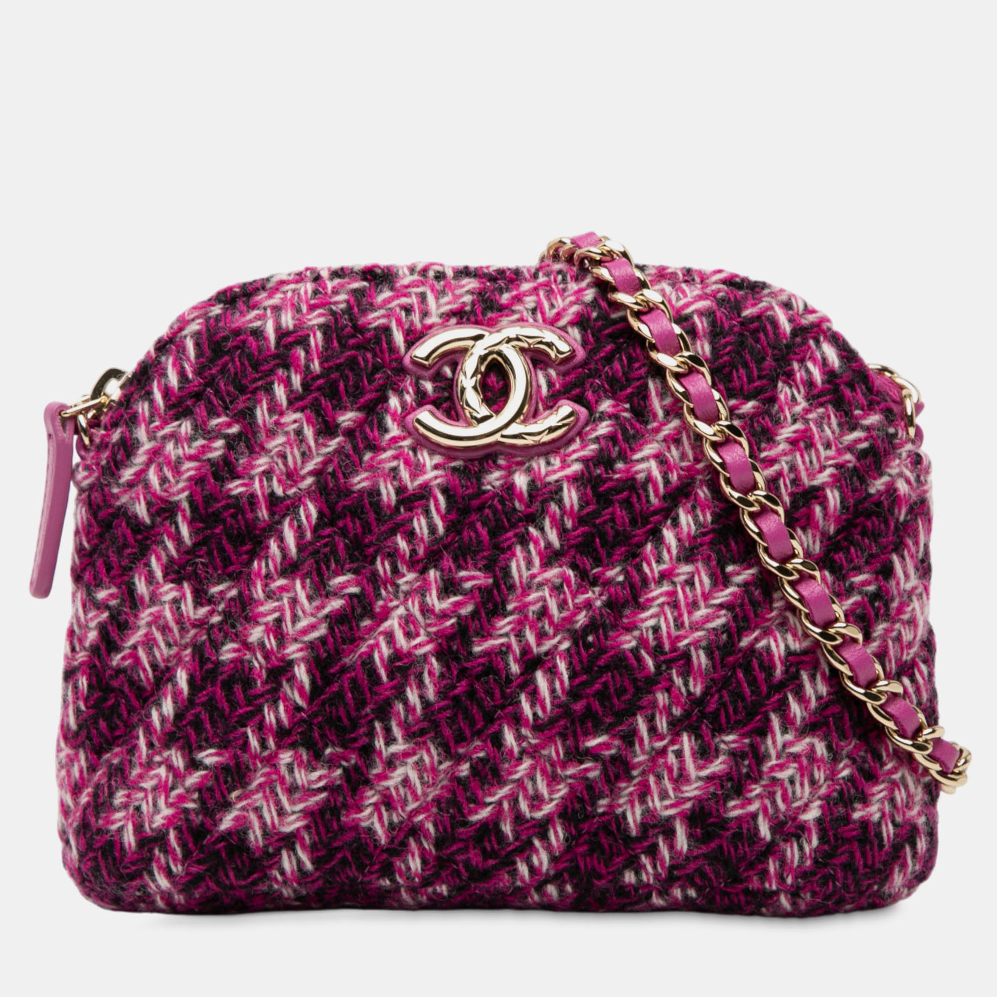 CHANEL Pre-owned Purple Cc Tweed Houndstooth Clutch On Chain