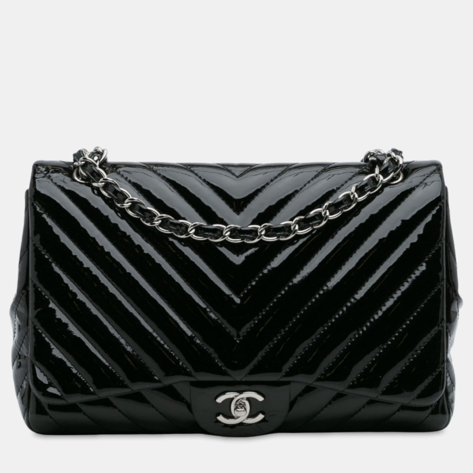 

Chanel Classic Chevron Single Flap Jumbo Patent Leather Shoulder Bag, Black