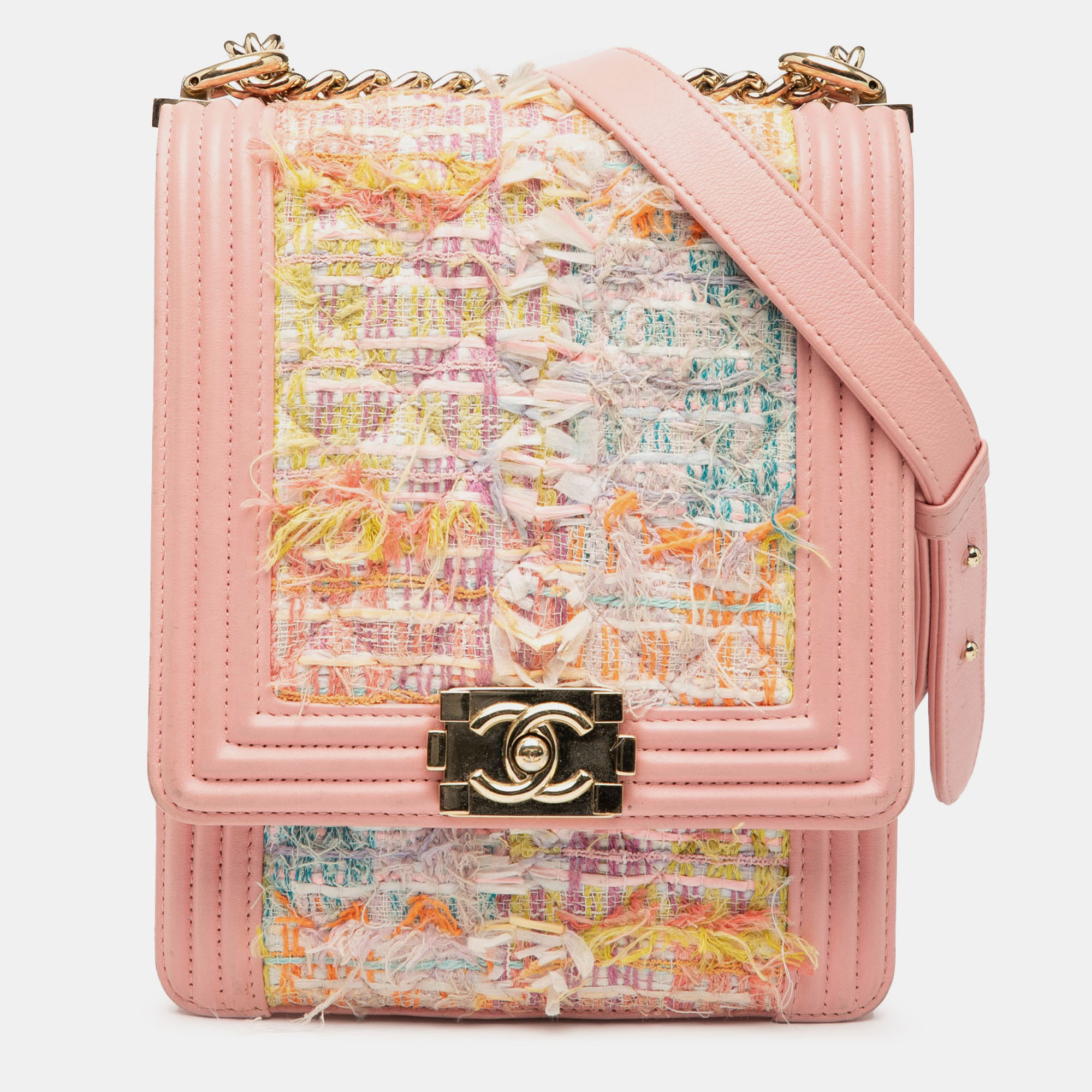 Pre-owned Chanel Pink Quilted Tweed And Calfskin North South Boy Flap