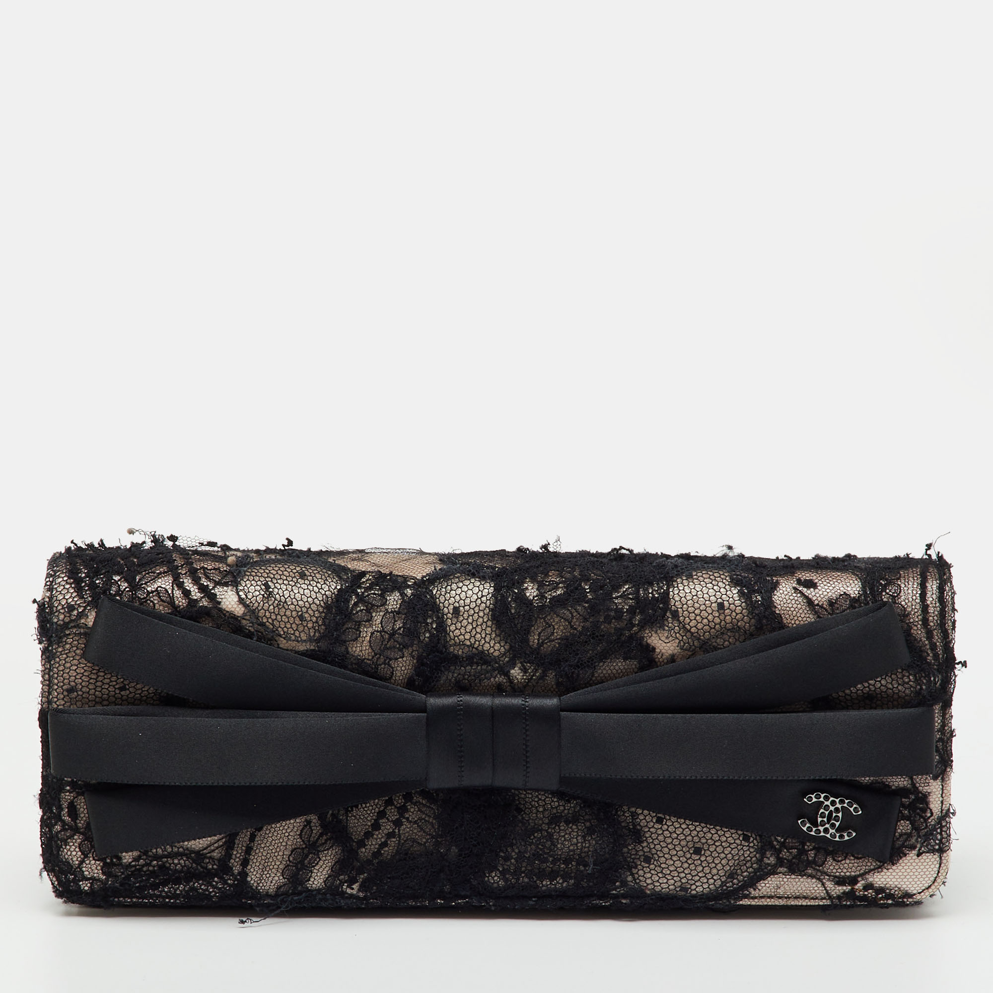 Pre-owned Chanel Black/beige Lace And Satin Cc Bow Clutch In Sand
