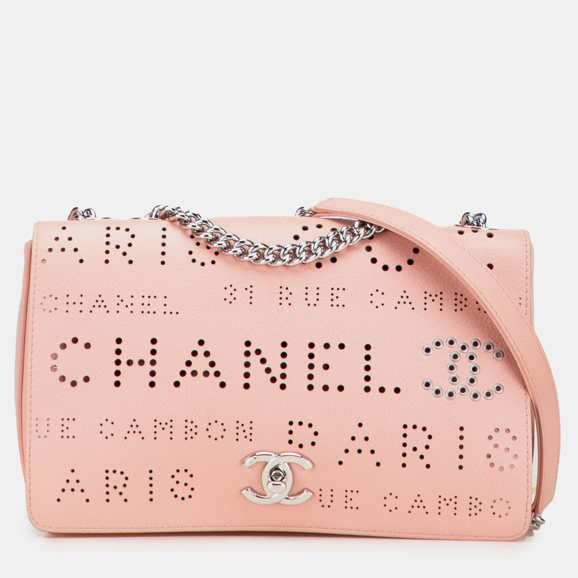 

Perforated Logo Eyelet Flap Calfskin Leather Shoulder Bag, Pink