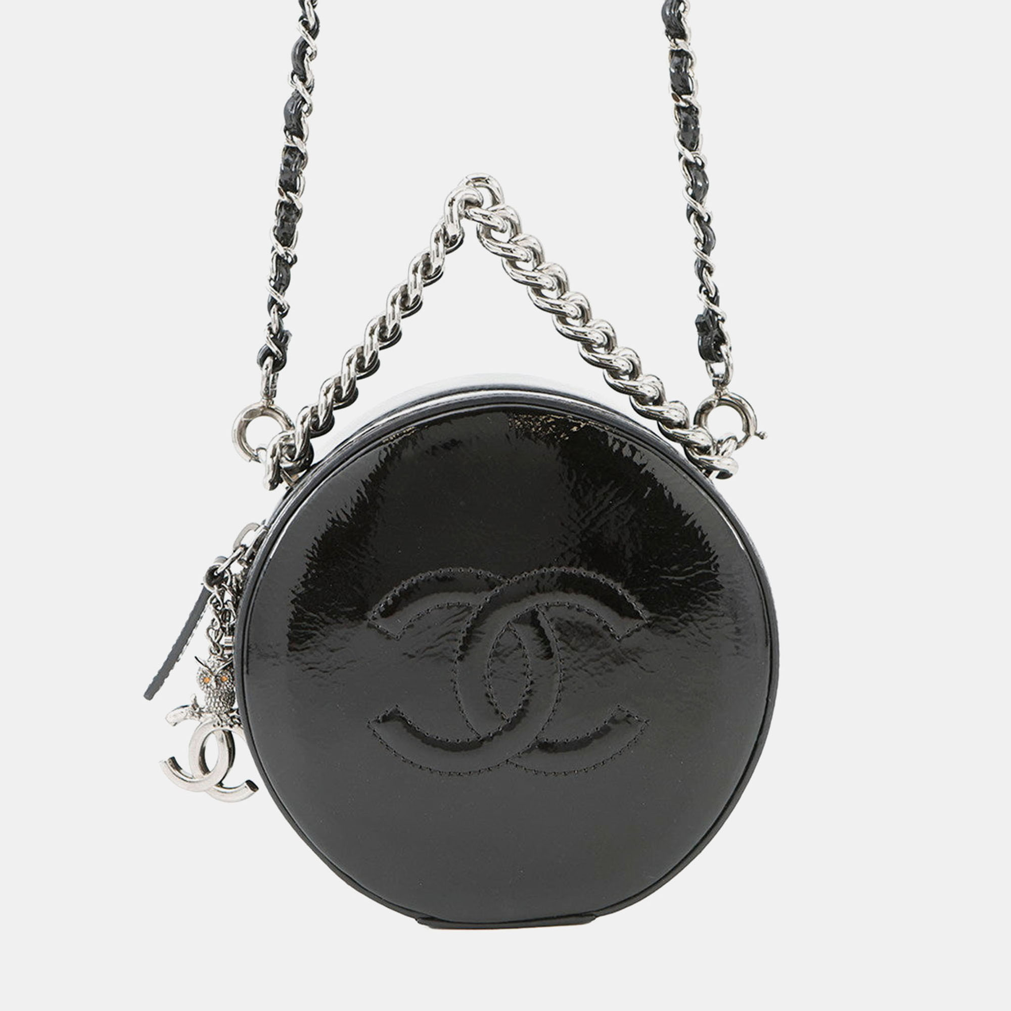 

Chanel Double Chain Round Shoulder Bag Black Patent Leather