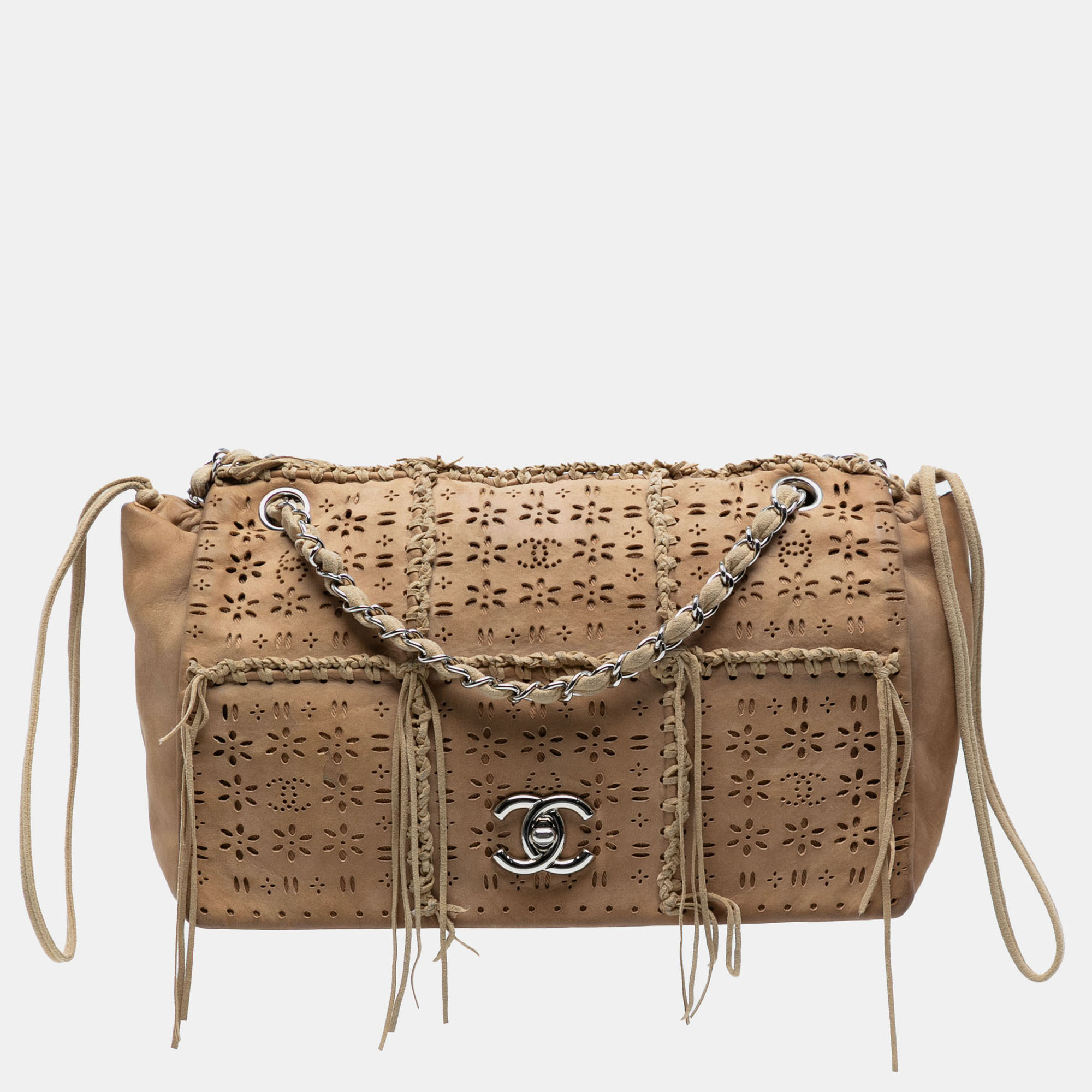 

Chanel Perforated Fringe Flap Suede Shoulder Bag, Brown