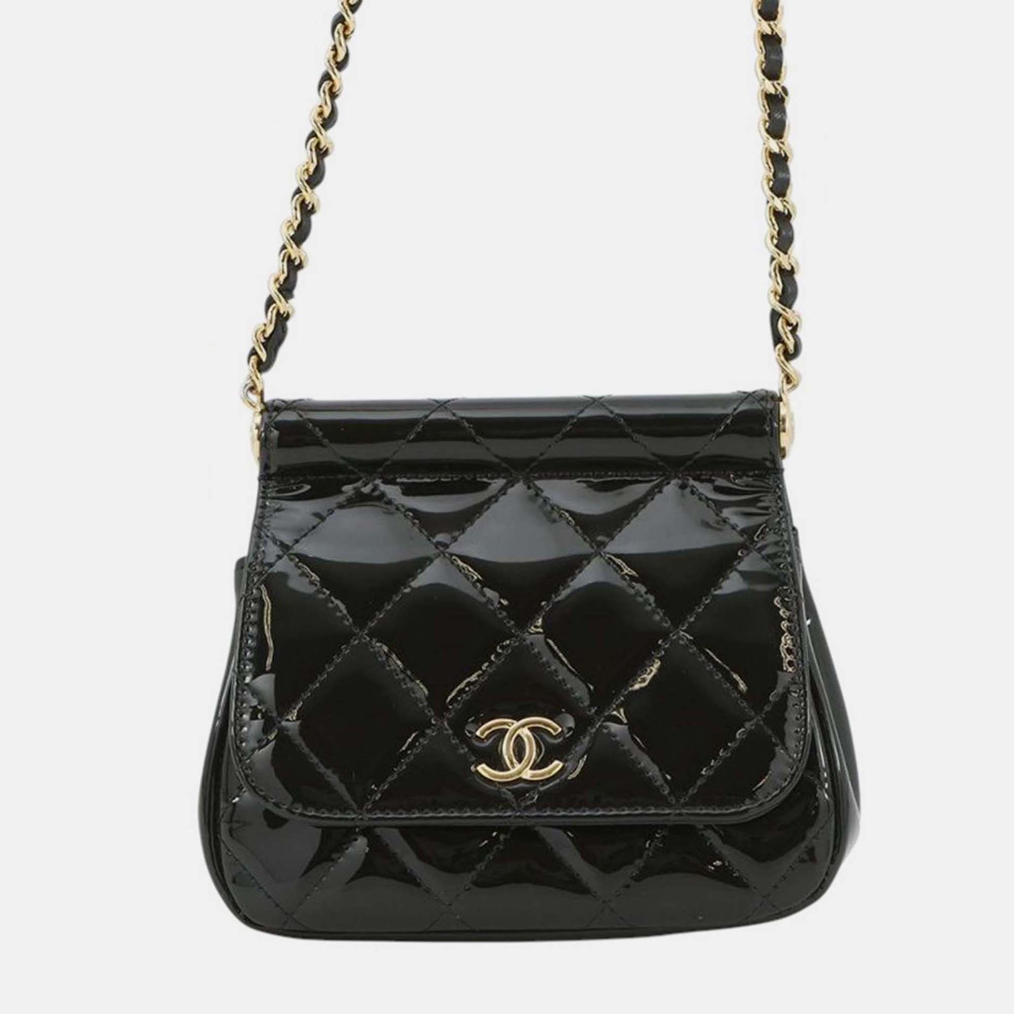 

Chanel Quilted Frame Flap Patent Leather Wallet on Chain Bag, Black