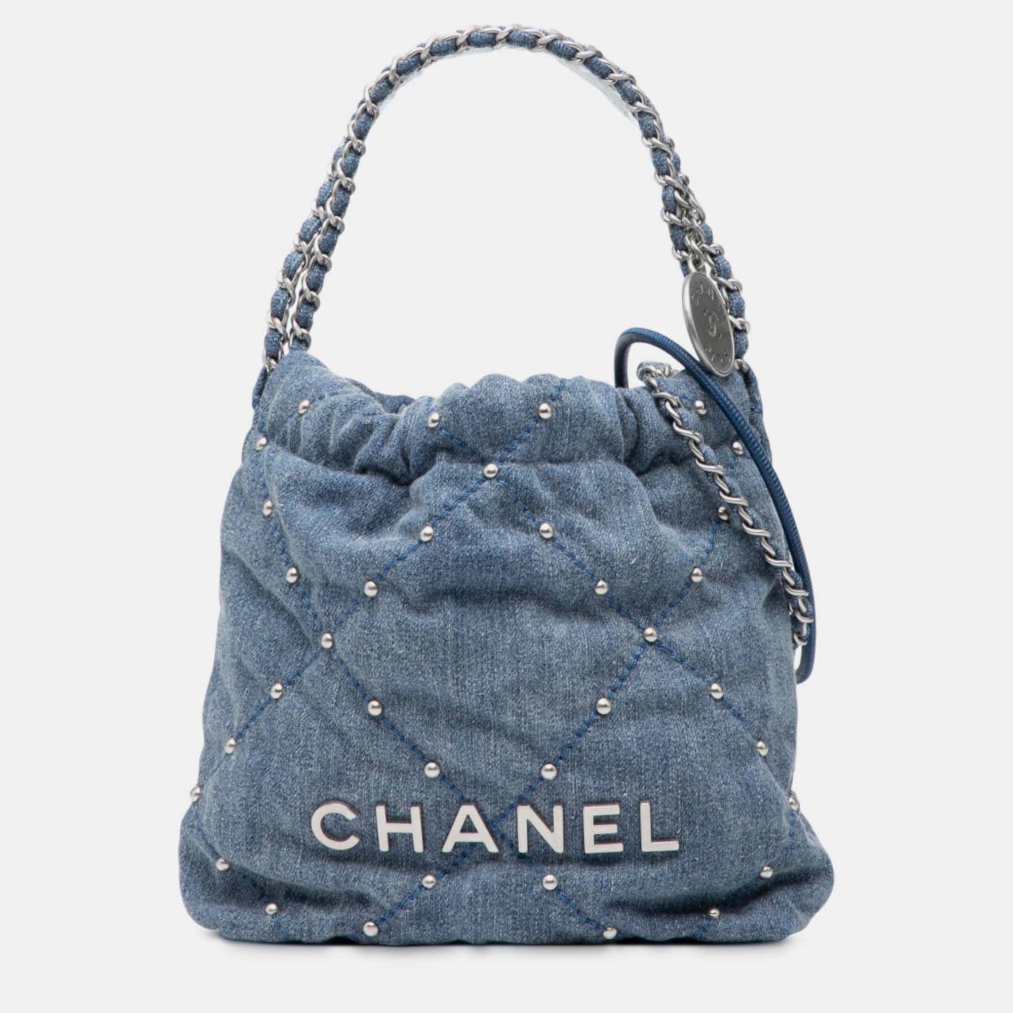 

Chanel Blue Mini Denim Studded 22 Handbag