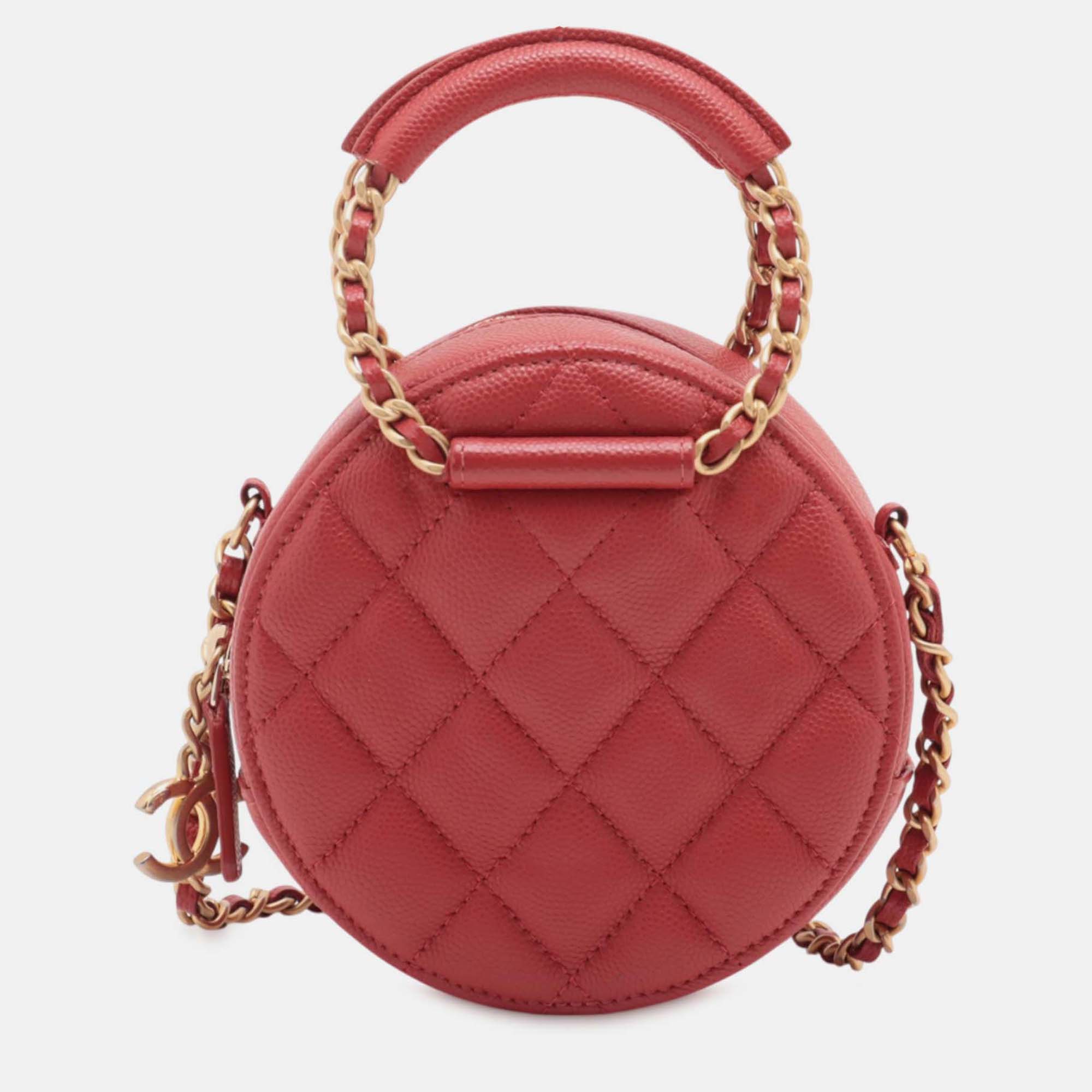 

Chanel Quilted Round Woven Chain Caviar Leather Top Handle Bag, Red