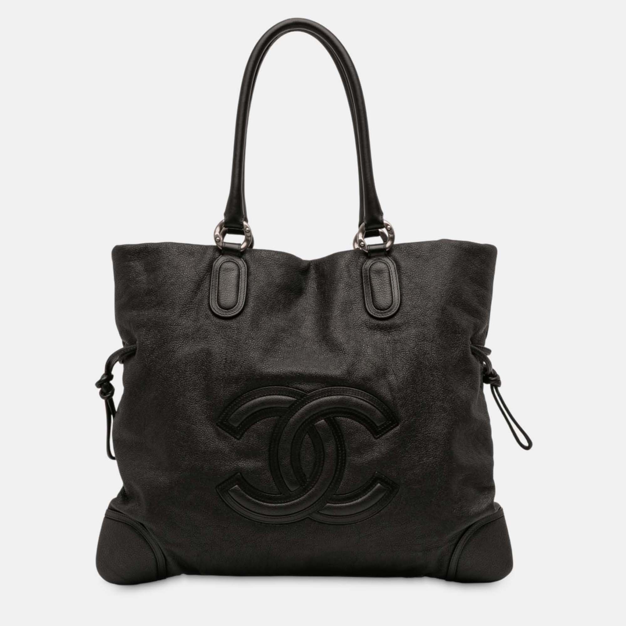 

Chanel Black Washed Calfskin CC Cup Drawstring Tote