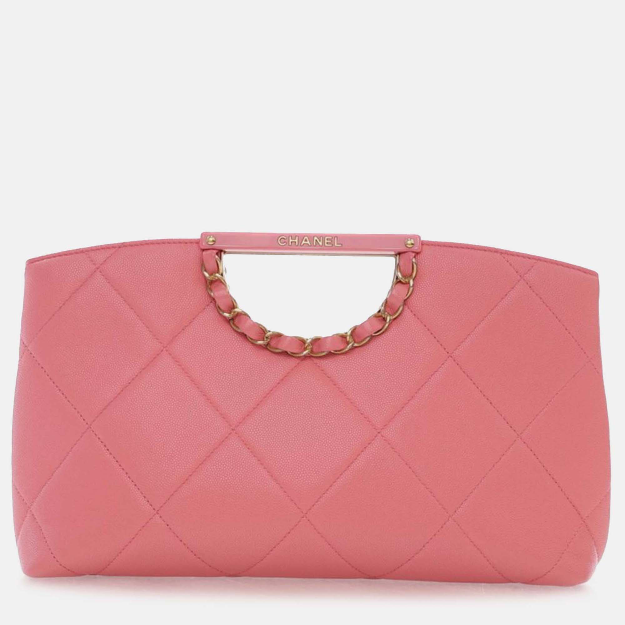 Pre-owned Chanel Pink Quilted Caviar A Real Catch Clutch
