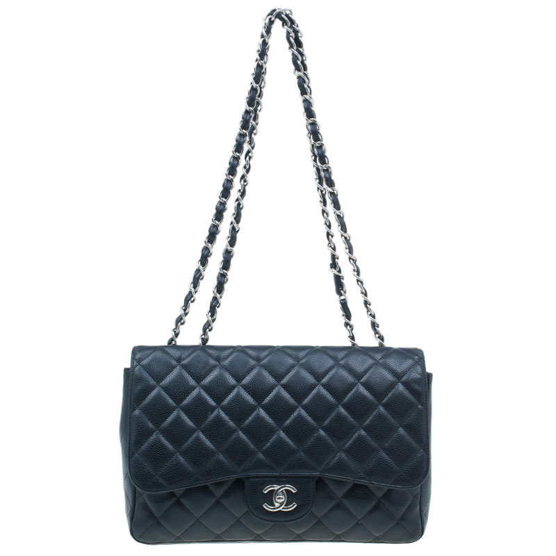 Pre Owned حقيبة شانيل جلد كافيار أسود مبطن جامبو كلاسيك بقلاب