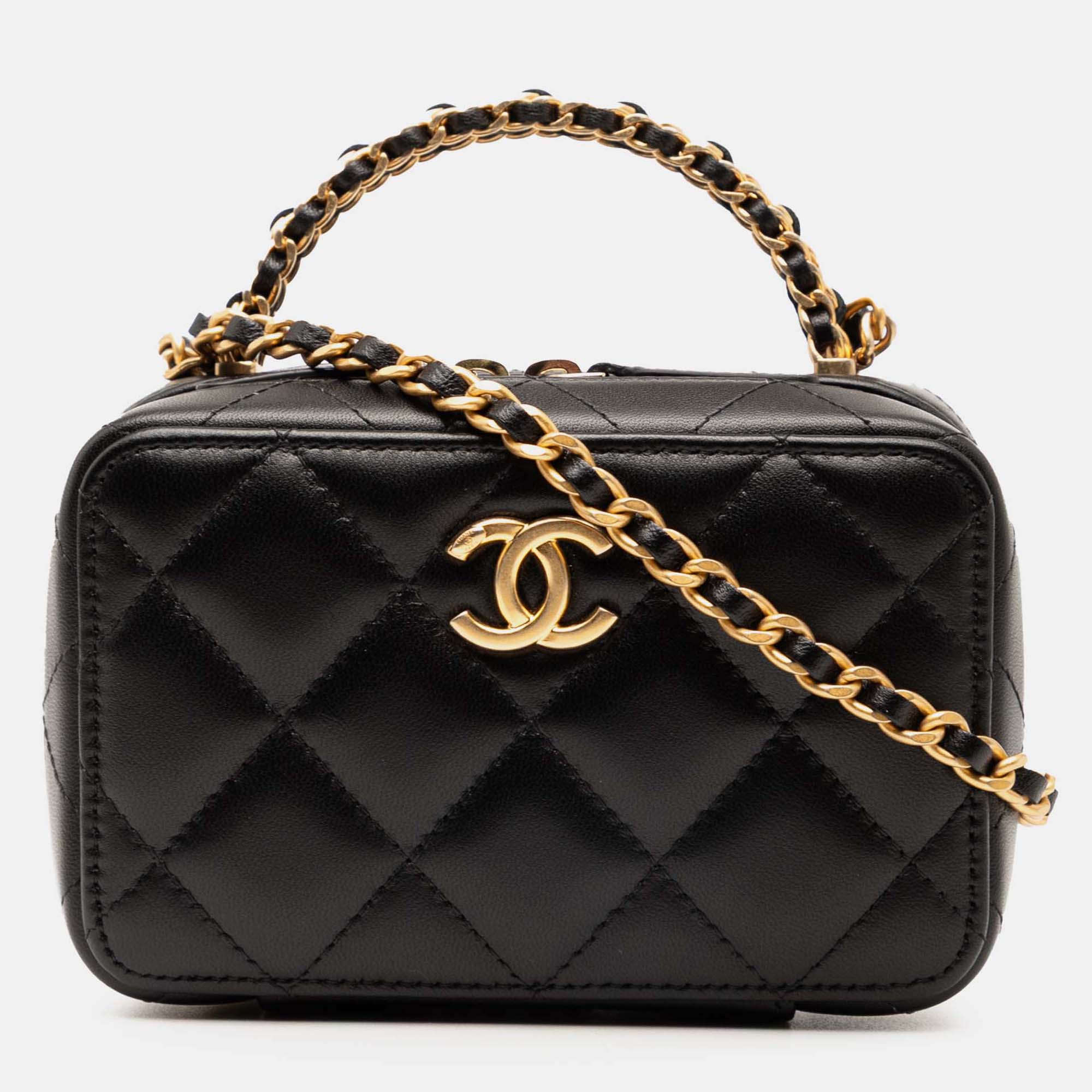 

Chanel Black Mini CC Quilted Lambskin Chain Top Handle Vanity Case
