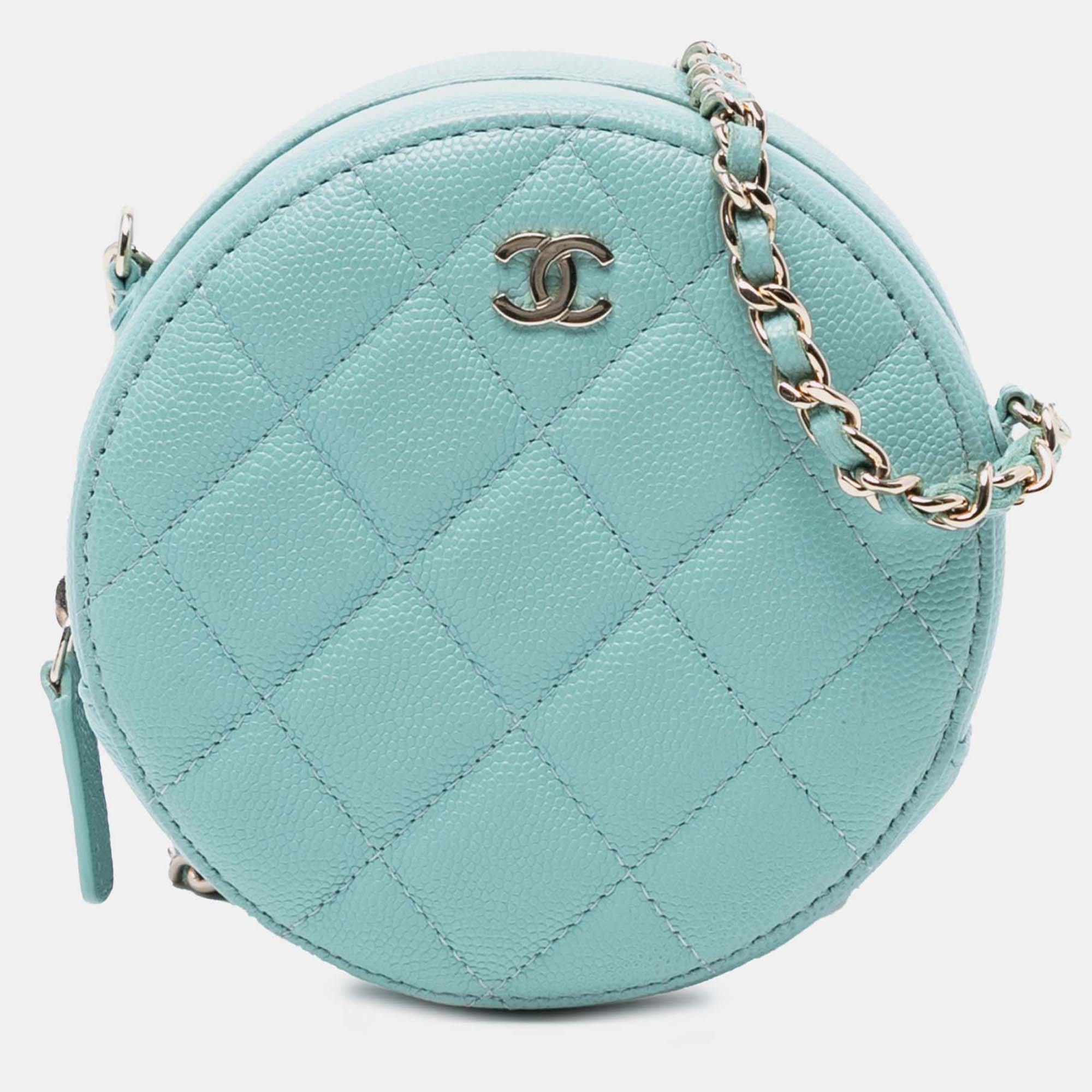 

Chanel Blue CC Quilted Caviar Round Clutch With Chain