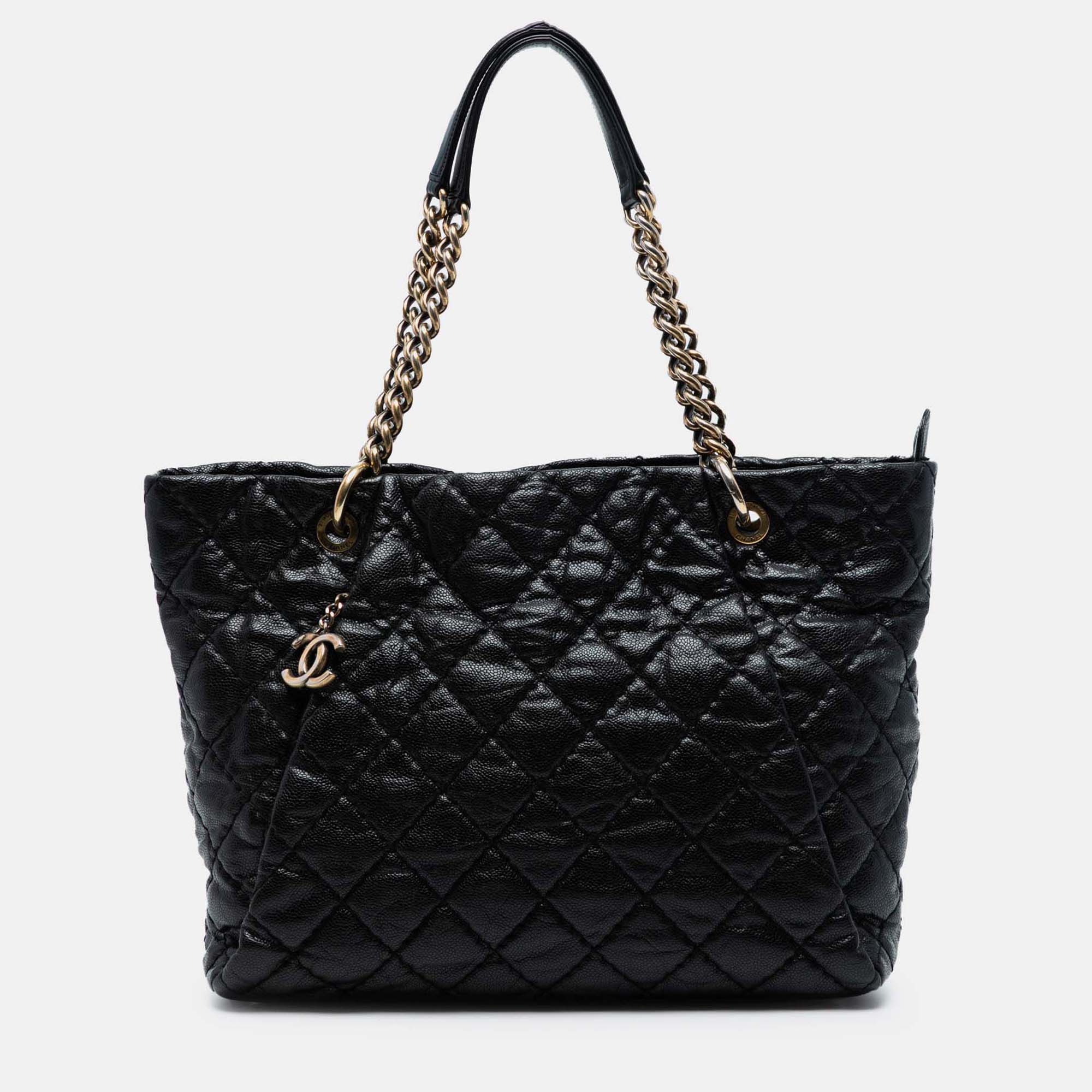 

Chanel Black Large CC Quilted Glazed Caviar Coco Pleats Tote