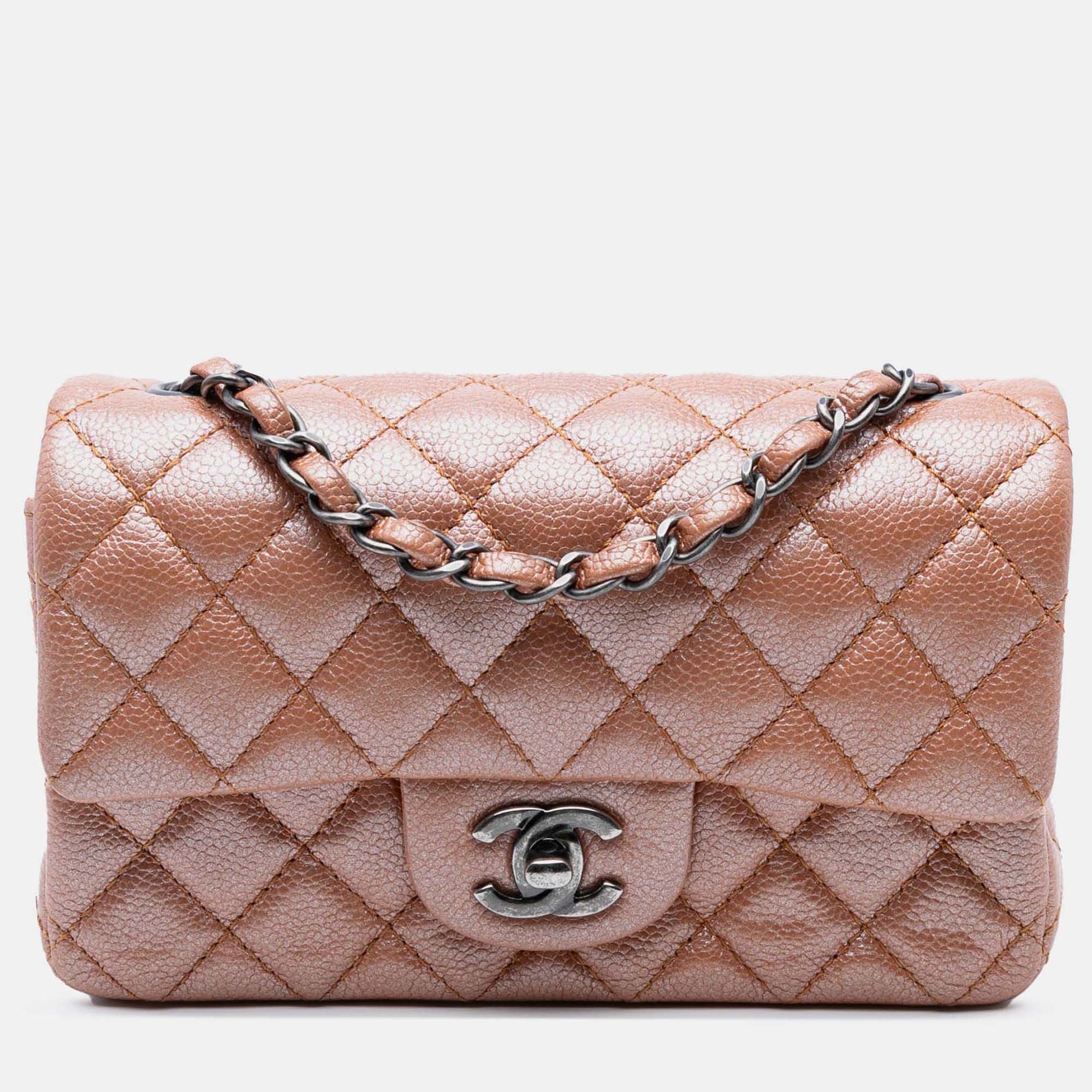 

Chanel Pink Mini Rectangular Classic Metallic Caviar Single Flap