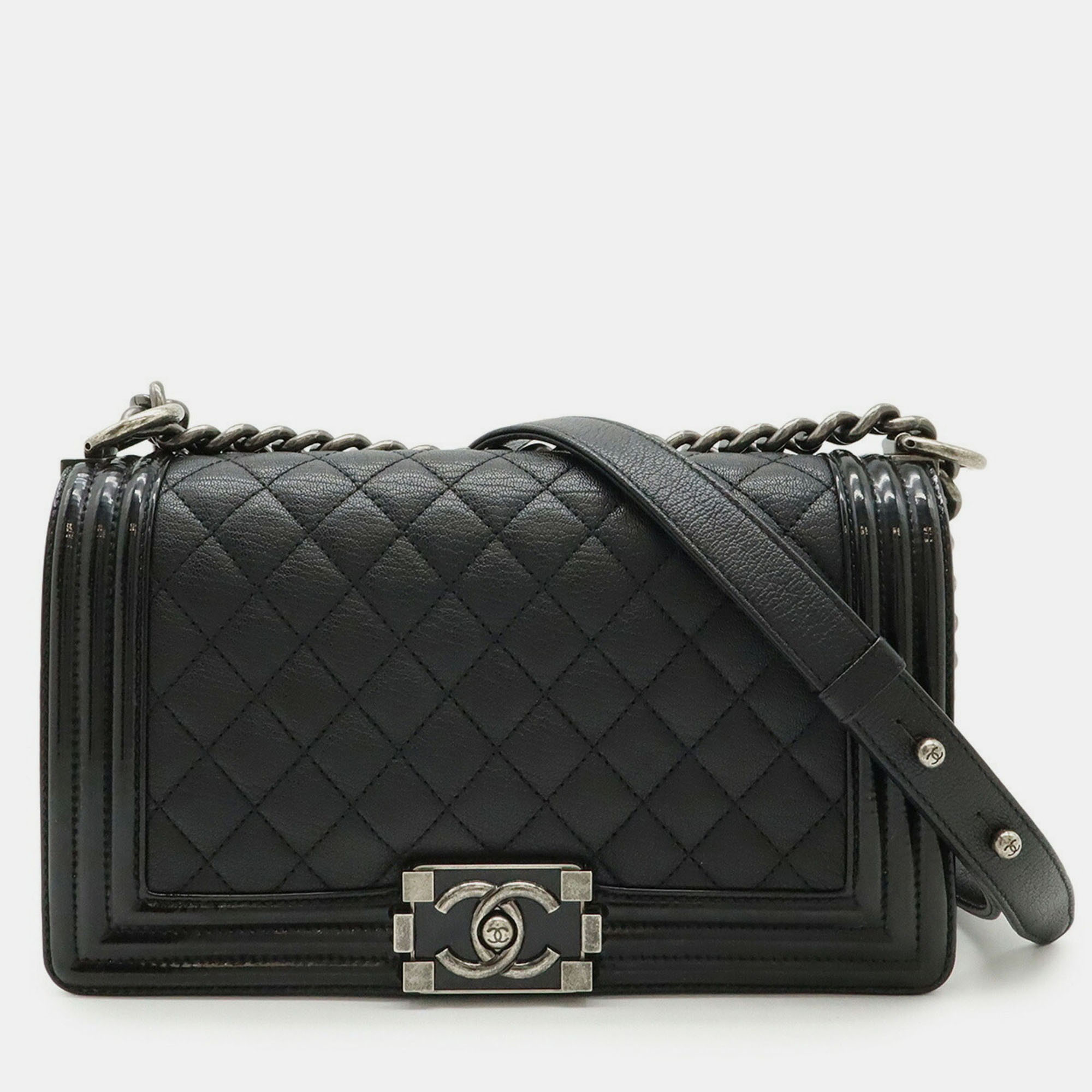

Chanel Boy Chanel 25 Coco Mark Chain Shoulder Bag Leather Enamel Black