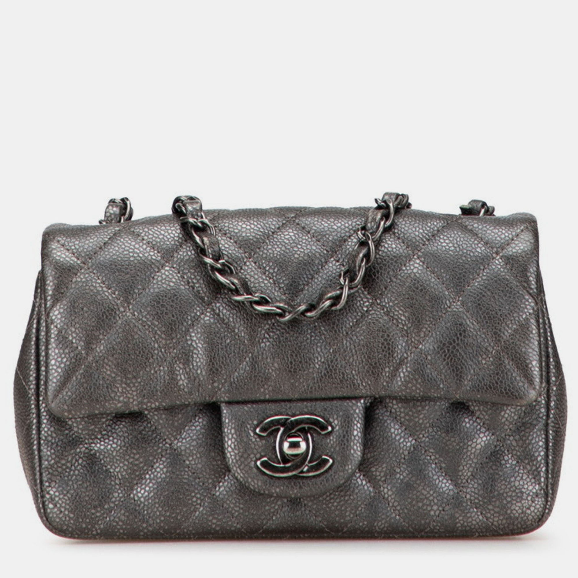 

Chanel Mini Matelasse 20 Coco Mark Chain Shoulder Bag In Silver/Gray Caviar Skin, Grey