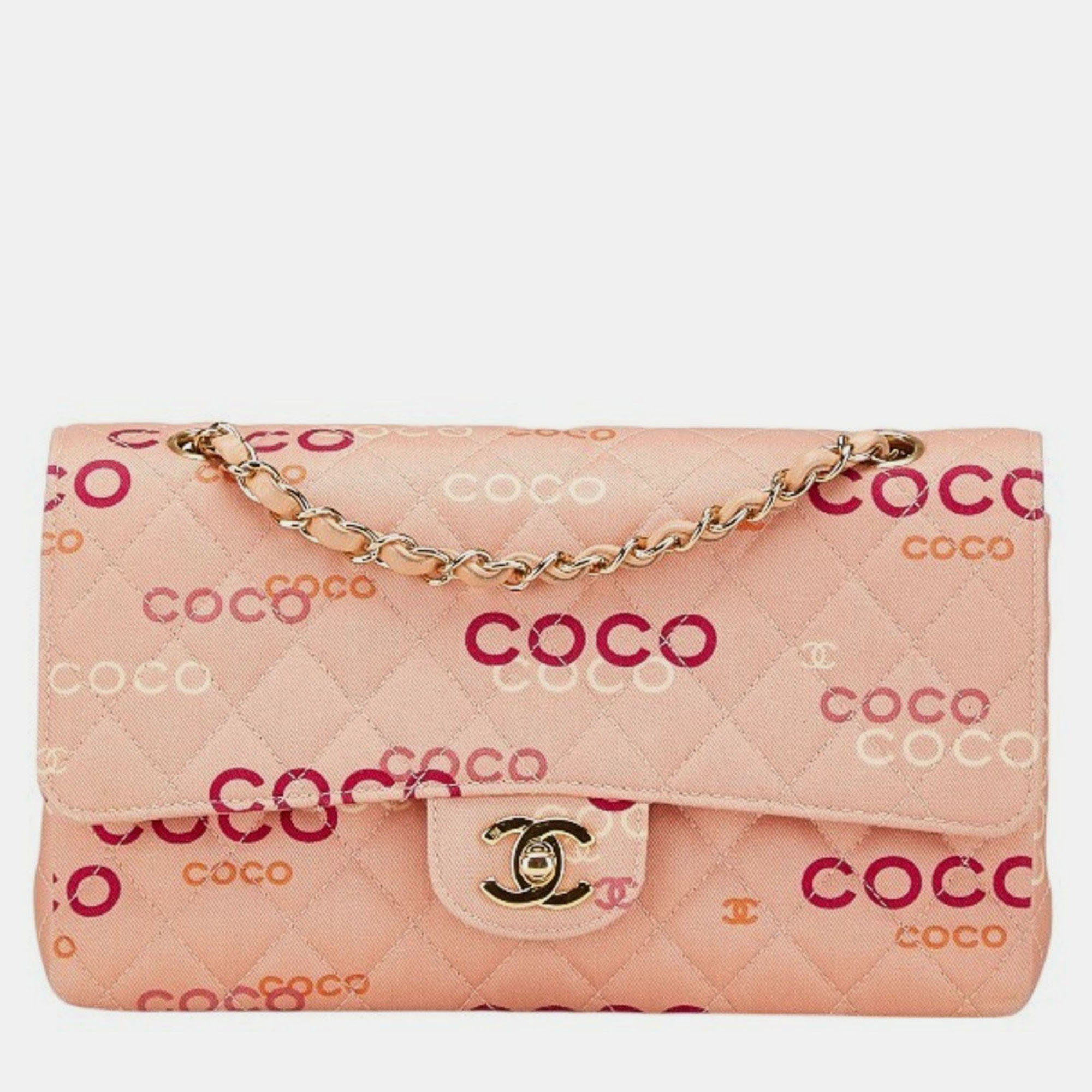 

Chanel Coco Mark Coco Print Double Flap Chain Shoulder Bag Salmon Pink Multicolor Canvas
