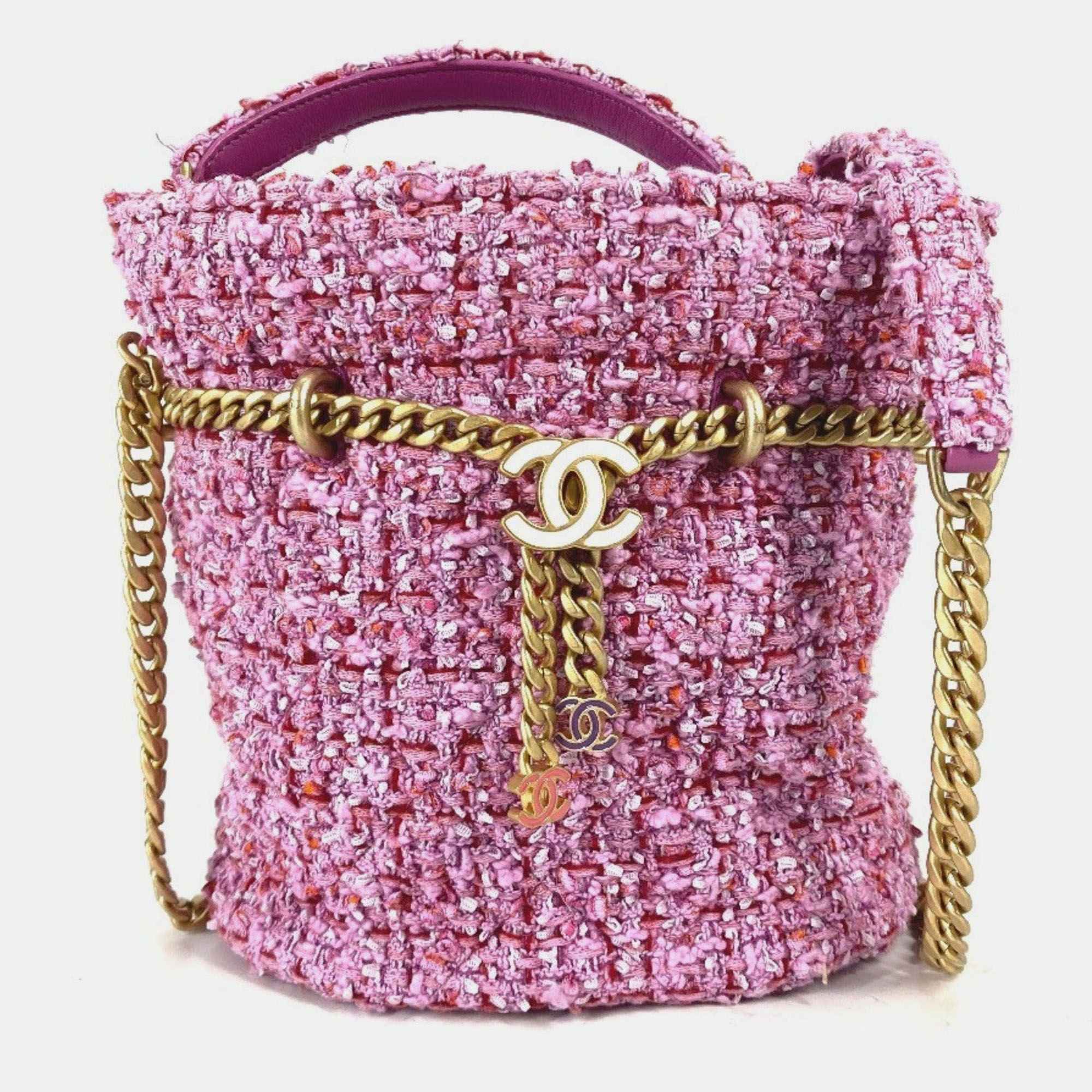 

Chanel Cc Coco Mark Chain Bucket-Shaped Pochette Handbag Tweed Pink