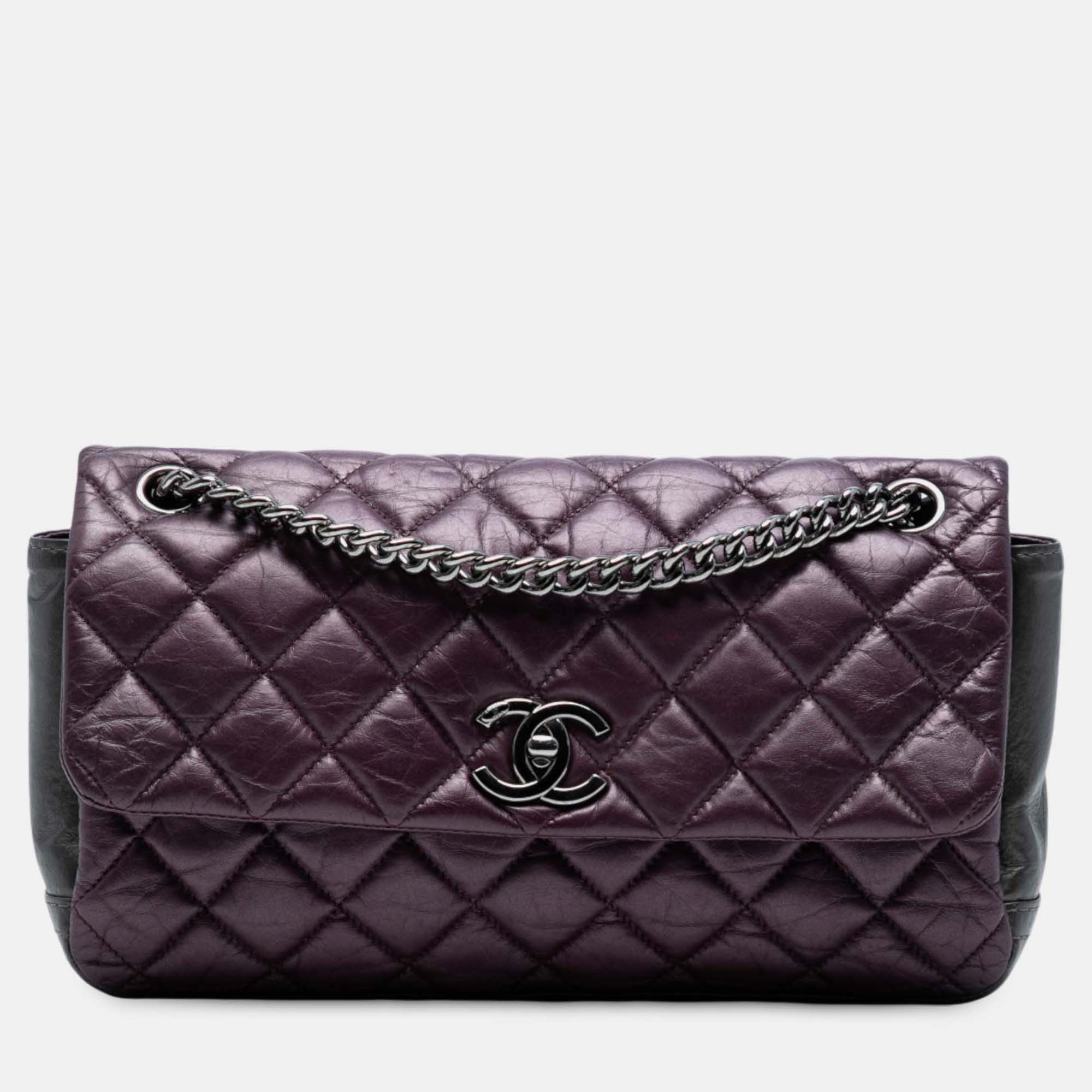 

Chanel Purple Small Bicolor Quilted Aged Calfskin Lady Pearly Flap