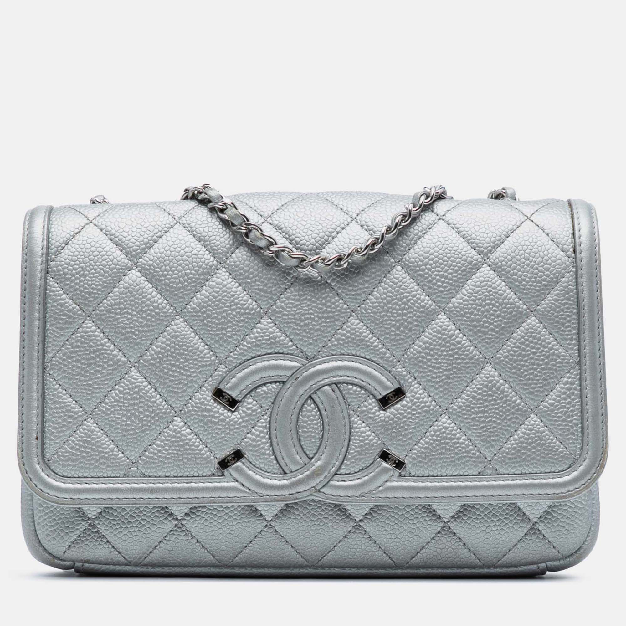 

Chanel Silver Small Quilted Metallic Caviar CC Filigree Flap