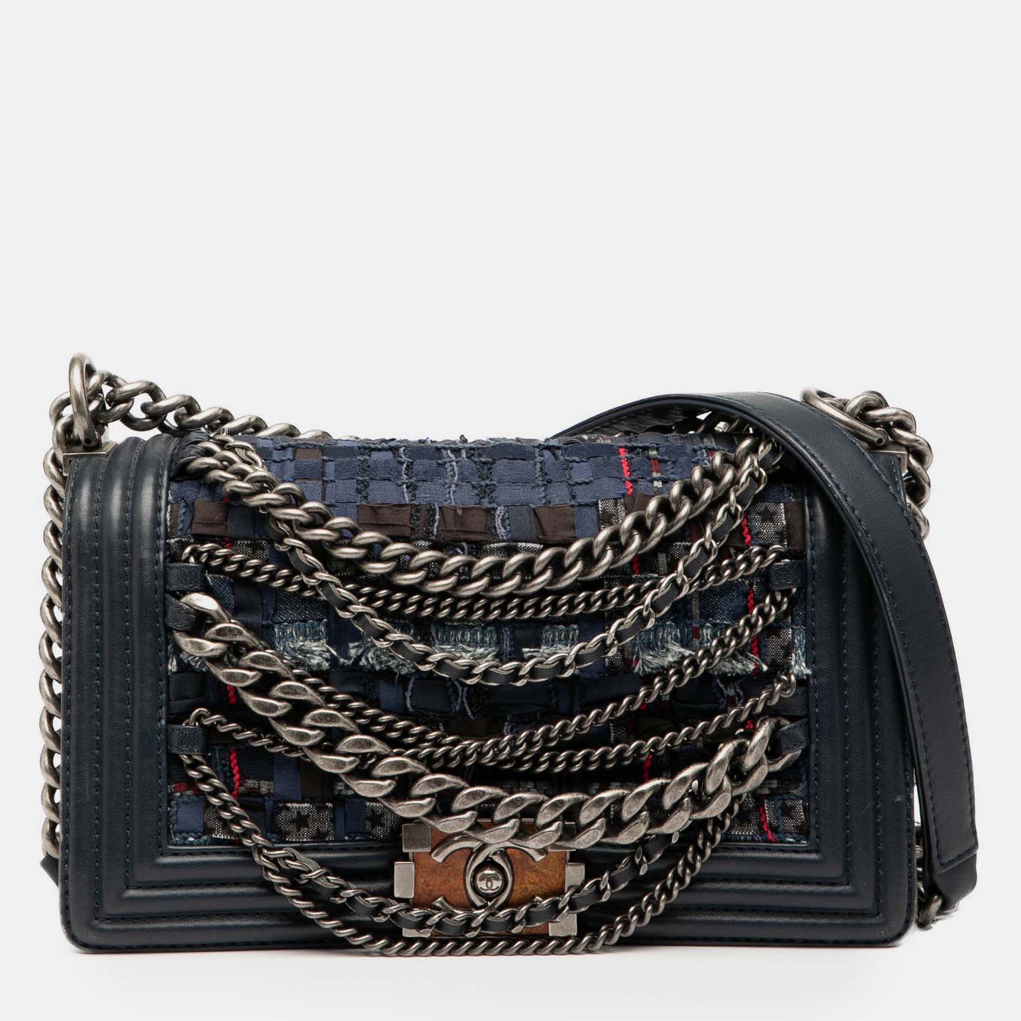 

Chanel Navy Blue Old Medium Tweed Enchained Boy Flap