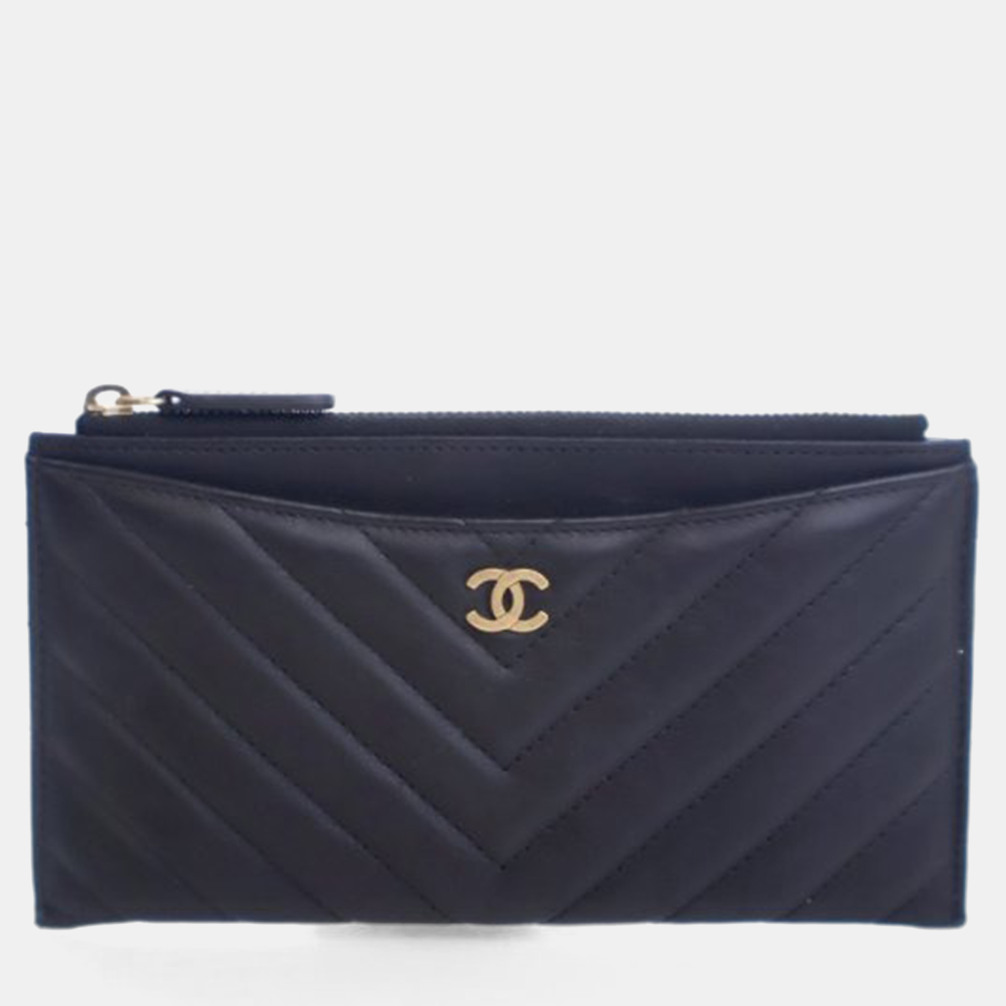 

Chanel Lambskin Chevron Quilted Zip Pouch, Black