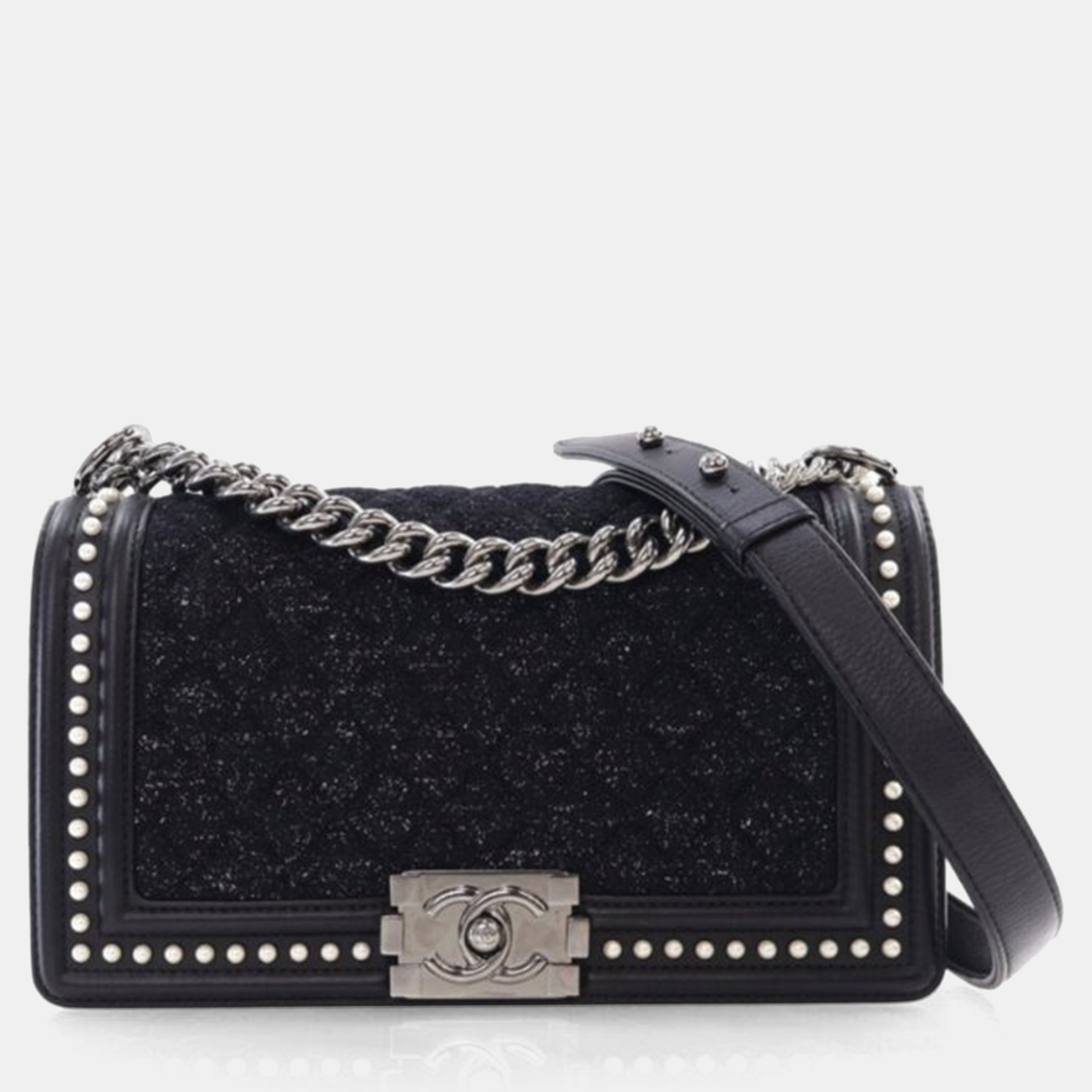 

Chanel Medium Tweed Pearl Embellished Boy Bag, Black