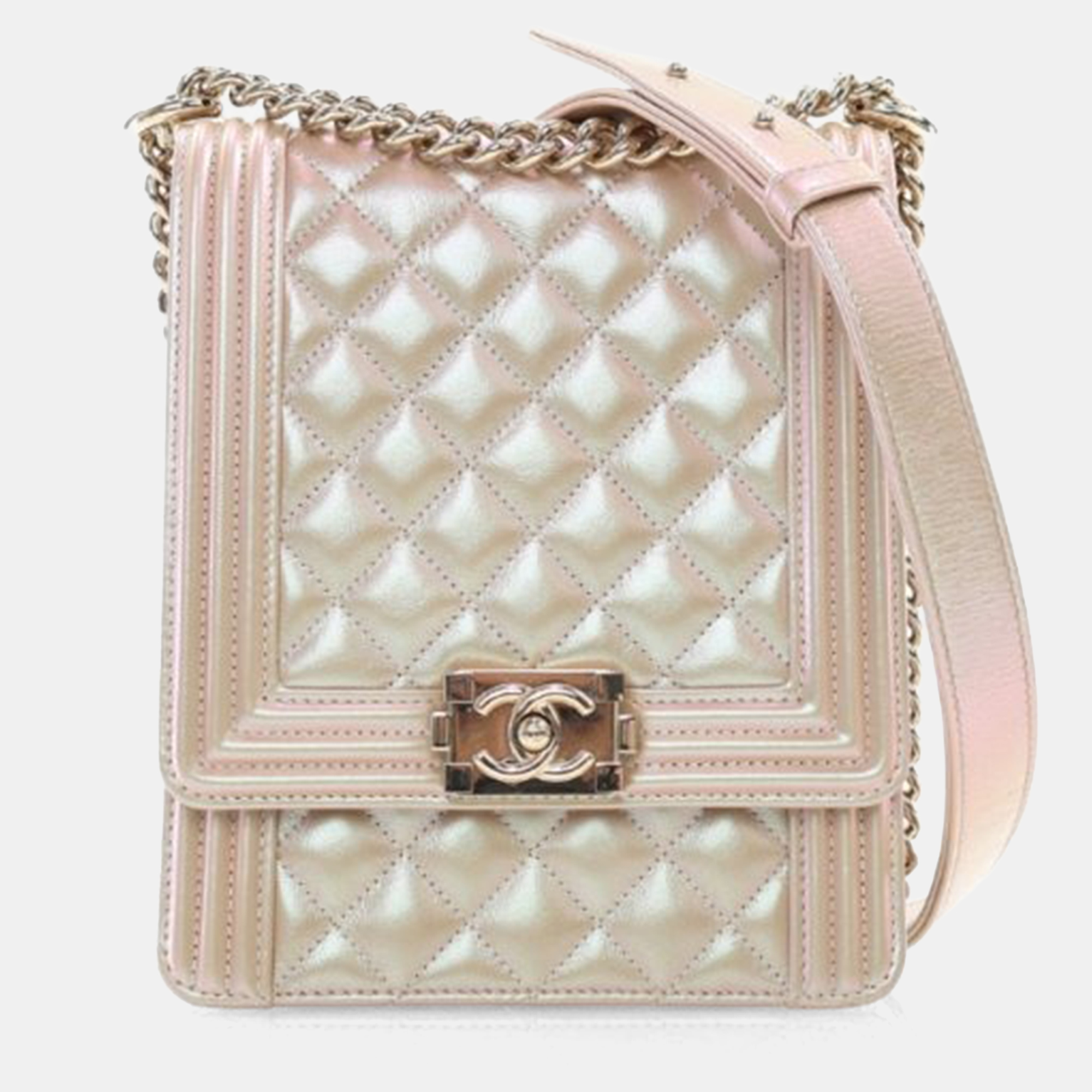 Pre-owned Chanel Iridescent Calfskin North South Boy Flap Bag In Gold