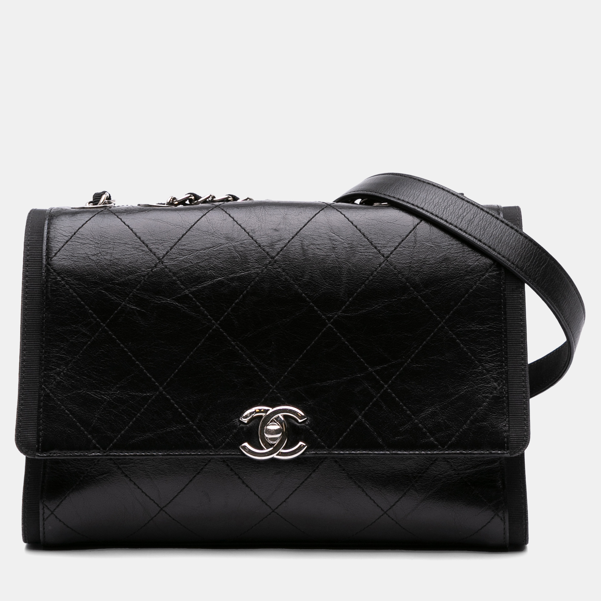 

Chanel Black CC Quilted Crumpled Calfskin and Grosgrain Flap