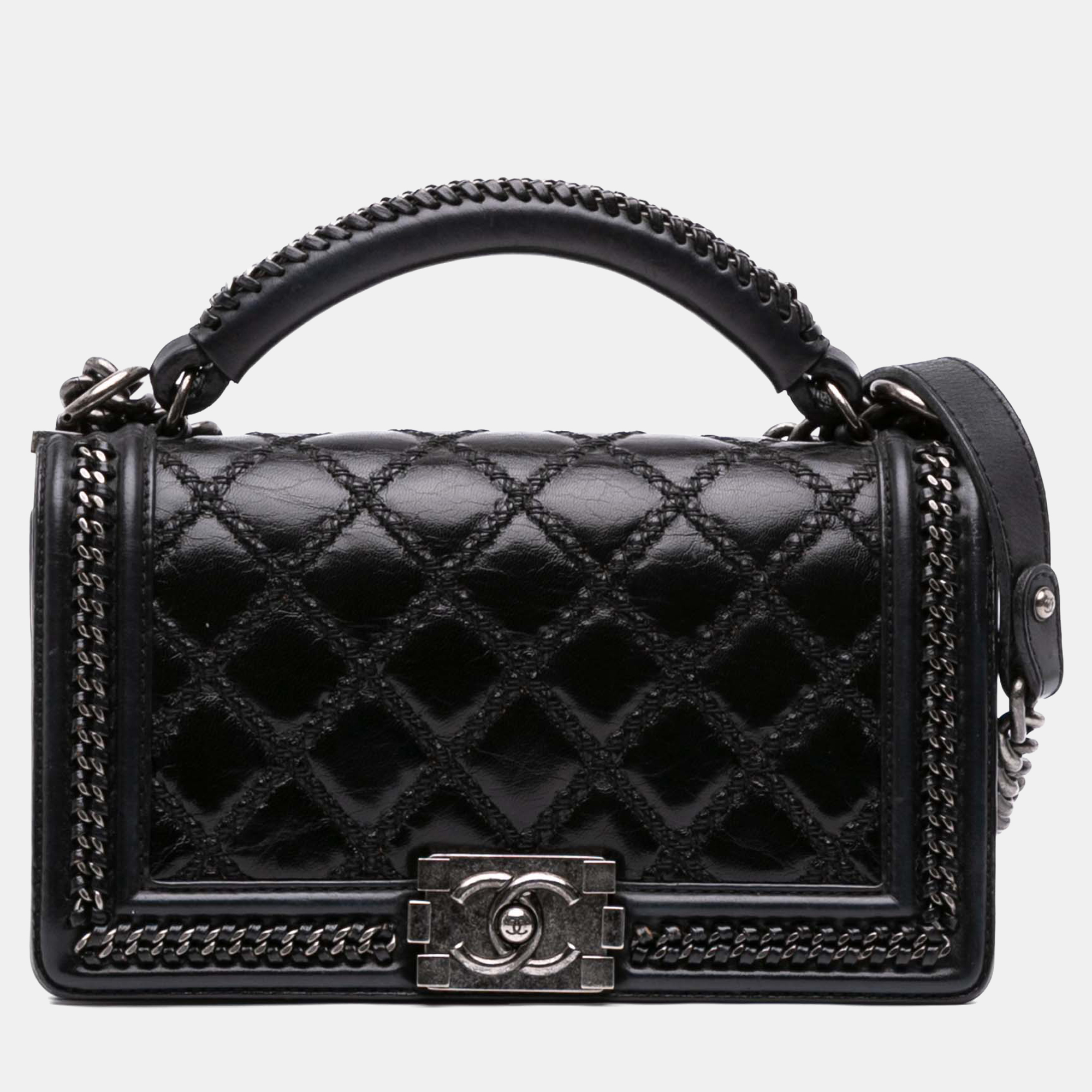 

Chanel Black Medium Quilted Calfskin Whipstitch Chain Around Boy Top Handle Flap