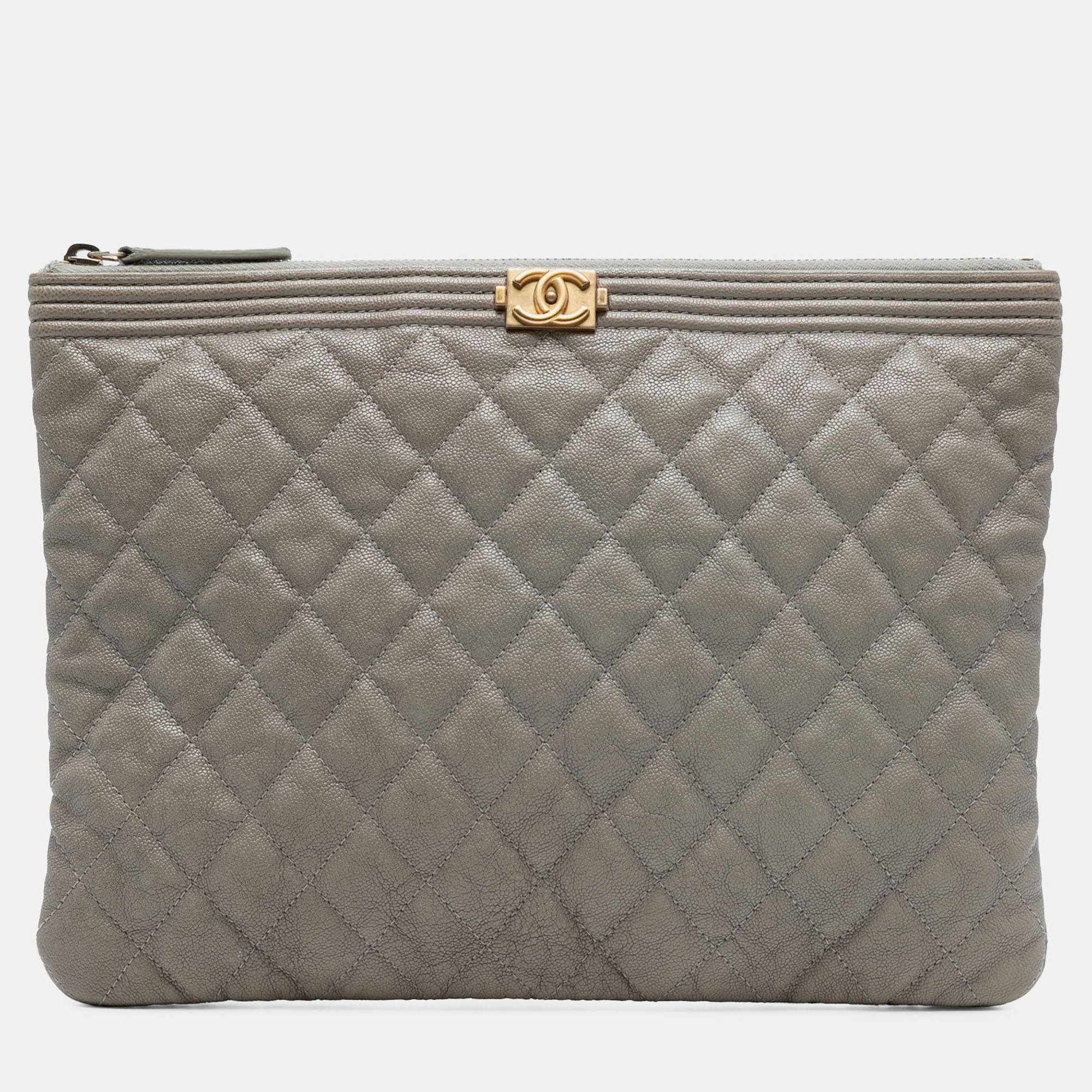 Pre-owned Chanel Grey Medium Quilted Caviar Boy O Case Clutch In Gray