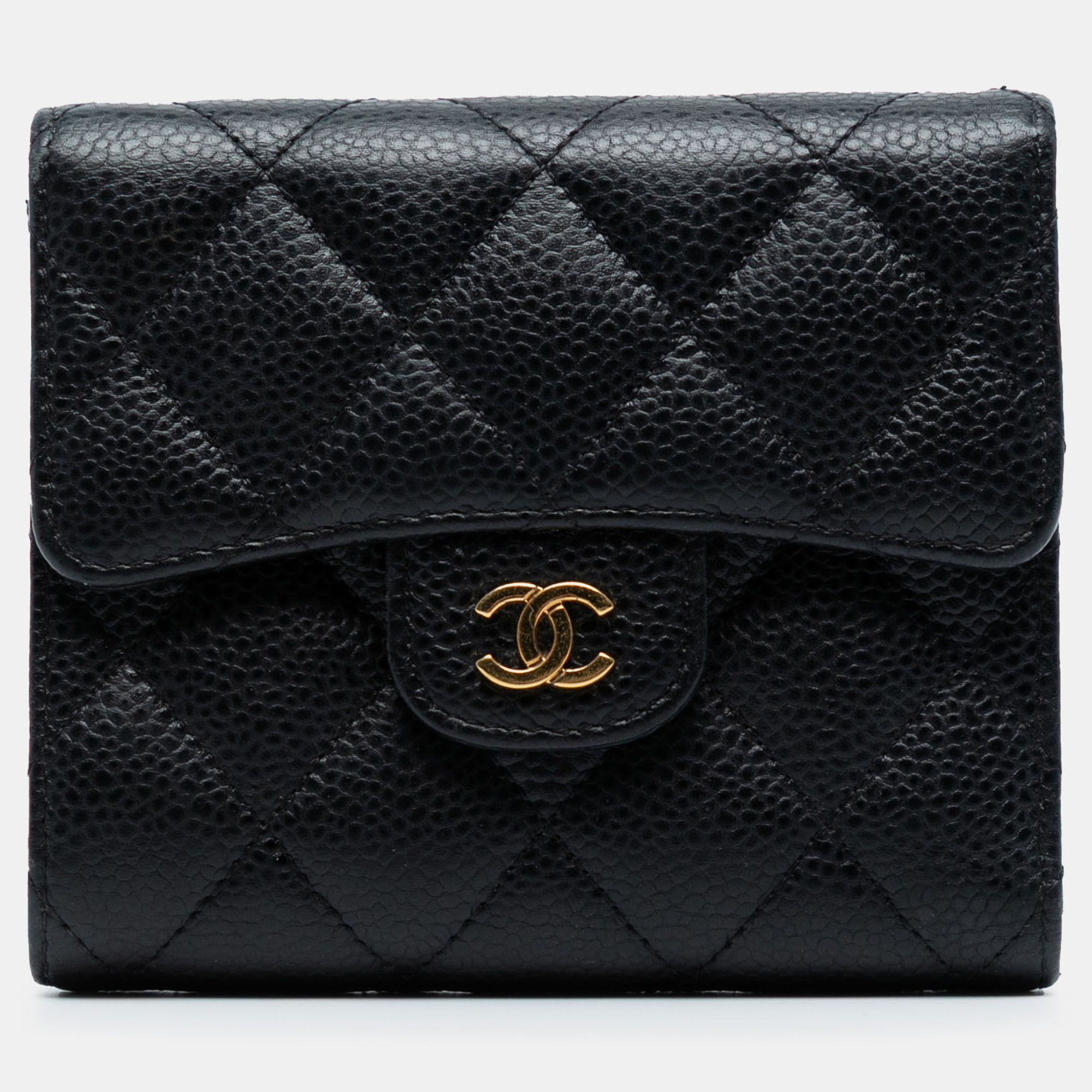 Pre-owned Chanel Black Cc Quilted Caviar Compact Flap Wallet