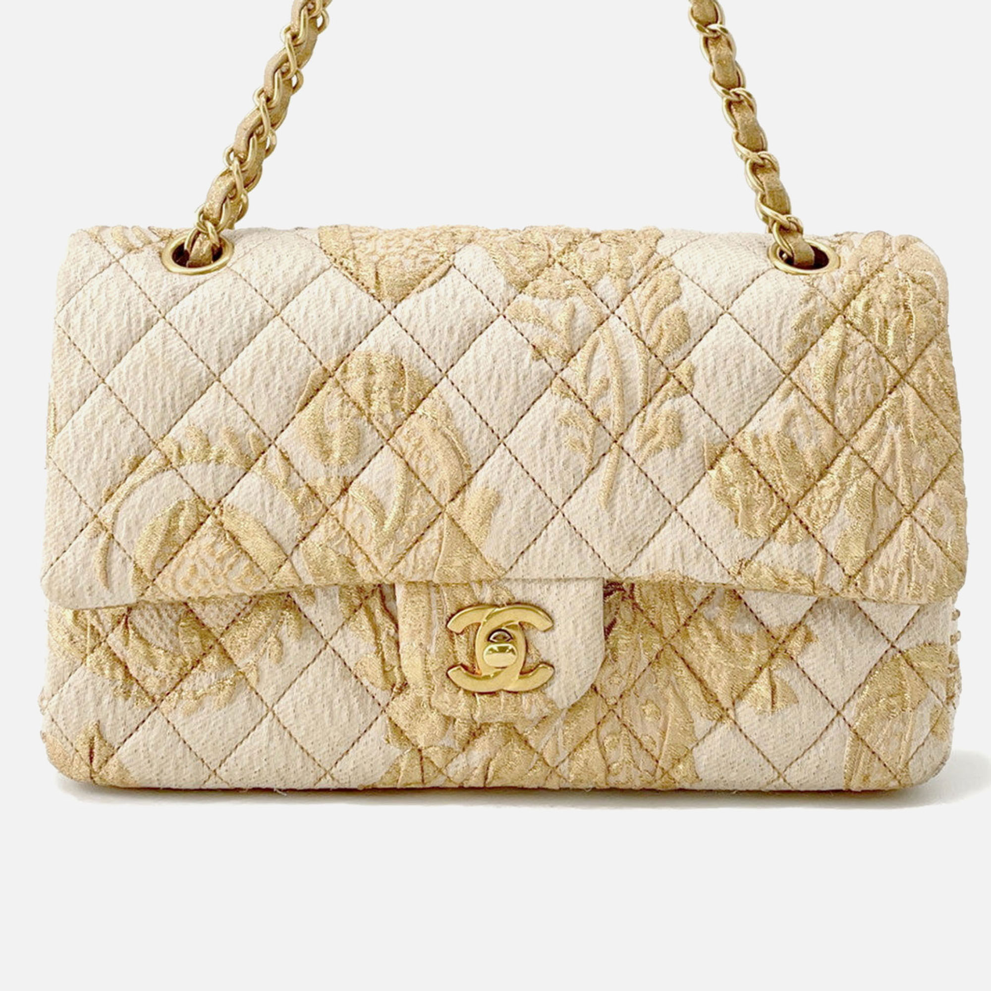 

Chanel Matelasse Double Flap Jacquard Chain Shoulder Bag Gold Cottonjersy