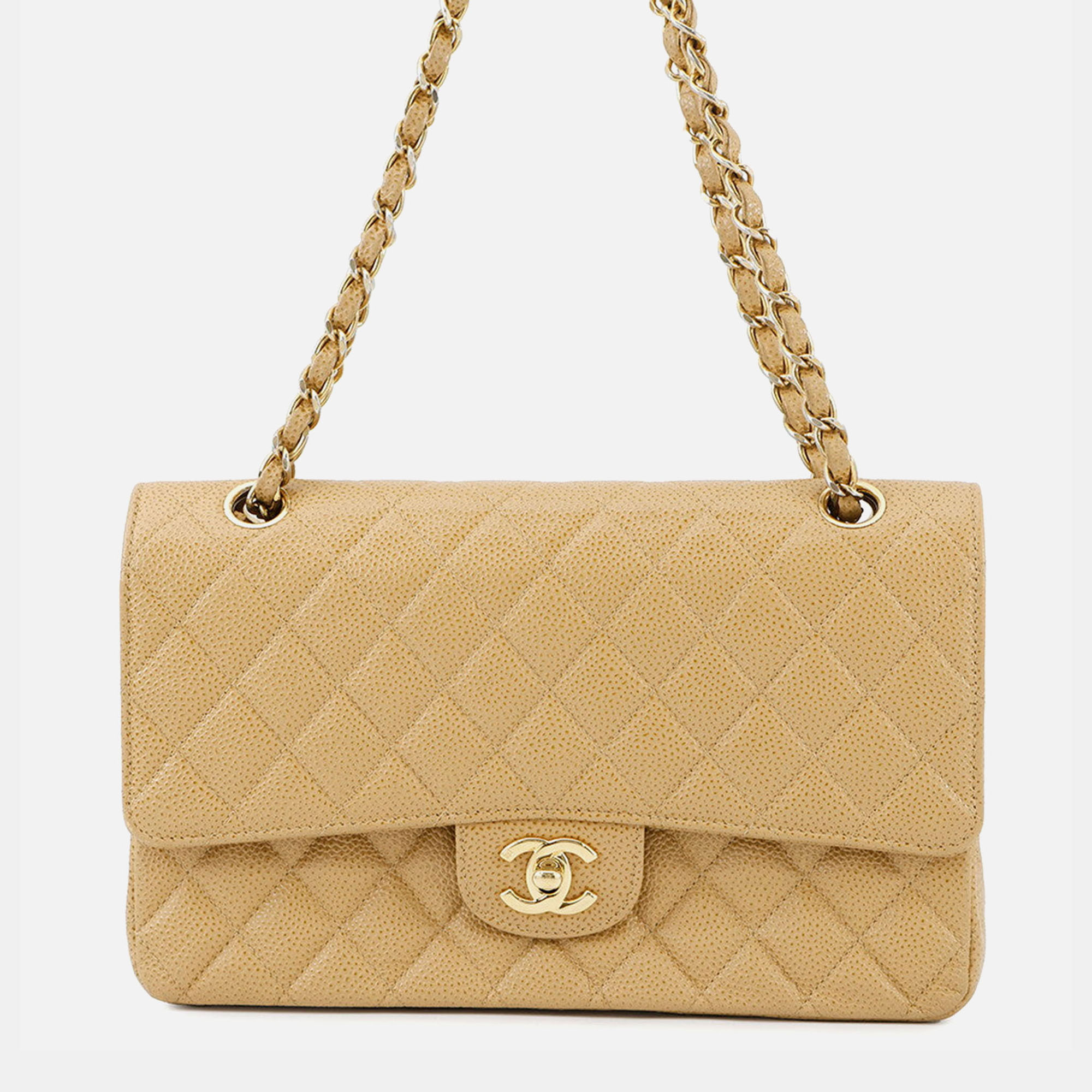 

Chanel Matelasse W Flap Chain Shoulder Bag Beige Caviar Leather Size