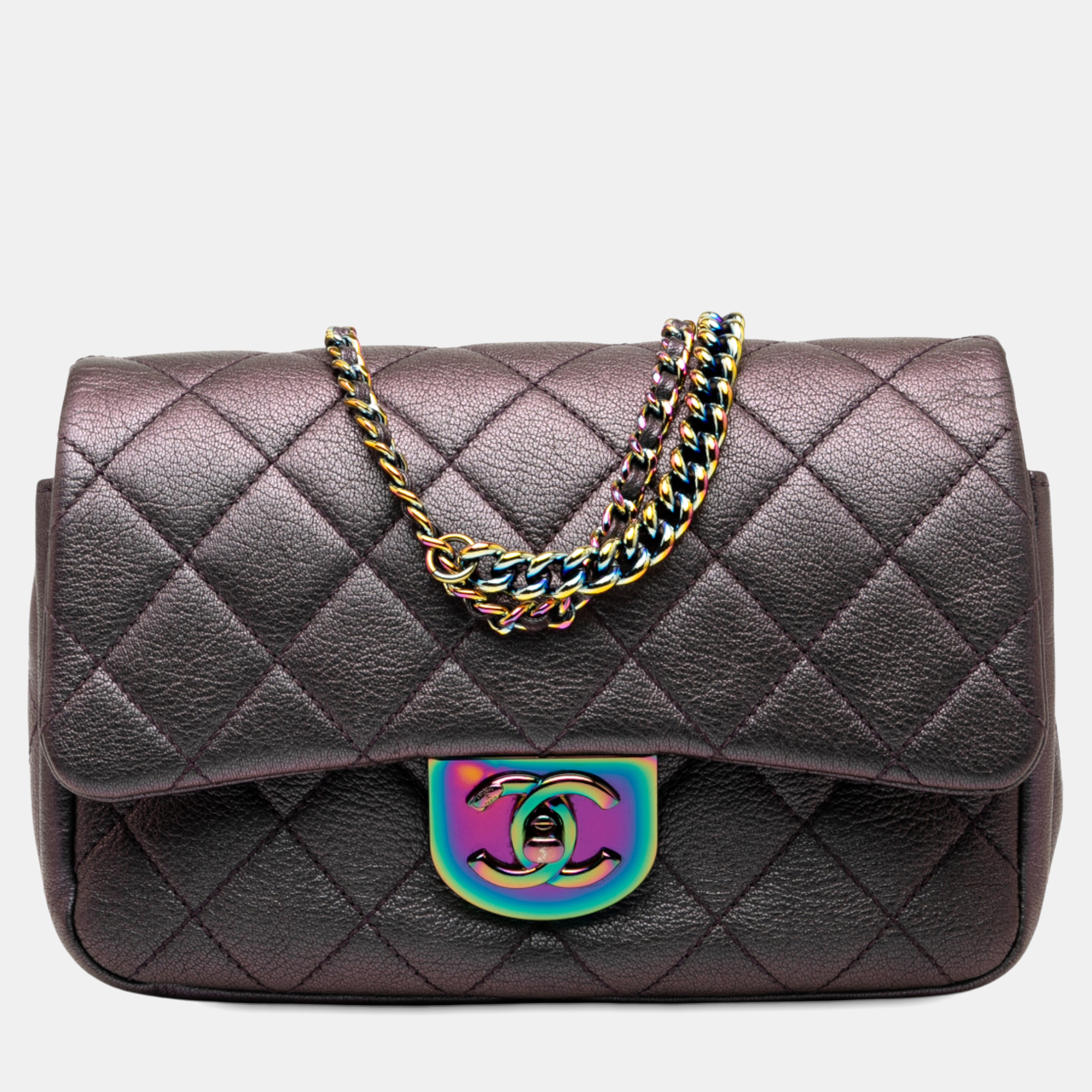 

Chanel Purple Small Iridescent Goatskin Rainbow Hardware Double Carry Waist Chain Flap