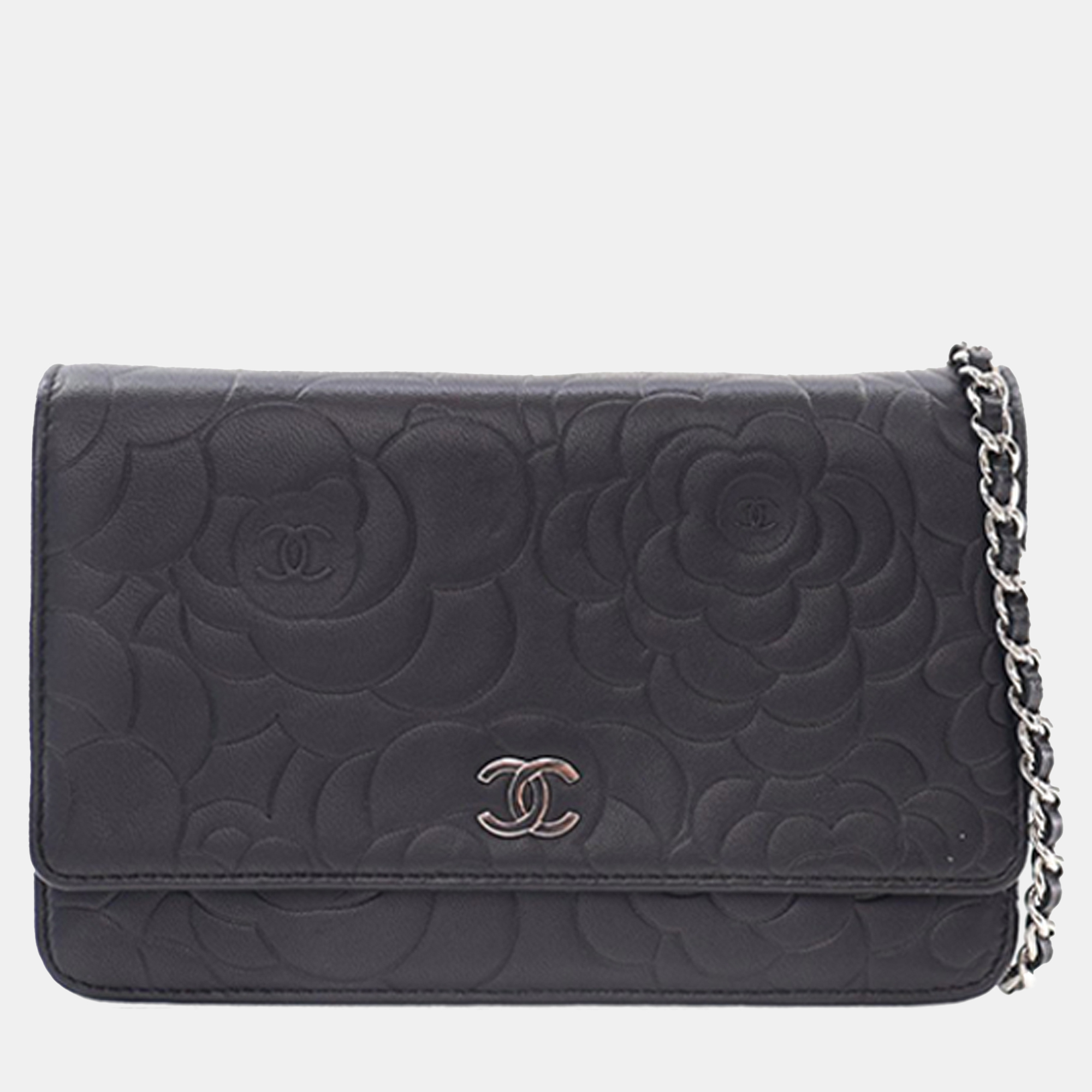 

Chanel Black CC Embossed Lambskin Camellia Wallet On Chain