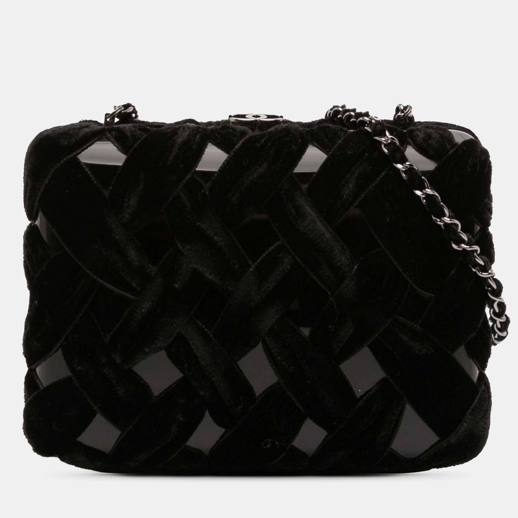 Pre-owned Chanel Black Woven Velvet And Resin Box Clutch With Chain
