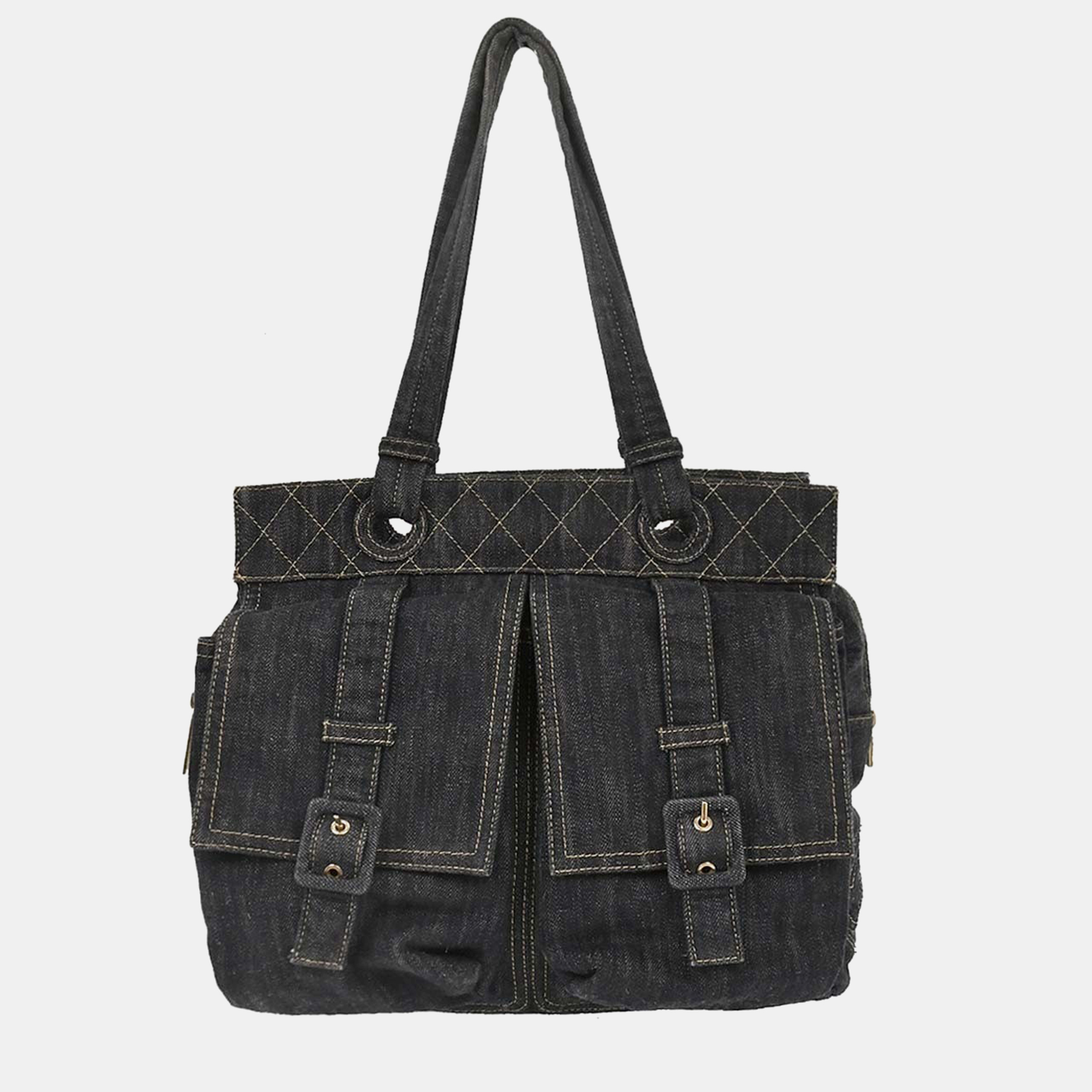 Pre-owned Chanel Navy Sparkling Denim Tote Handbag In Blue