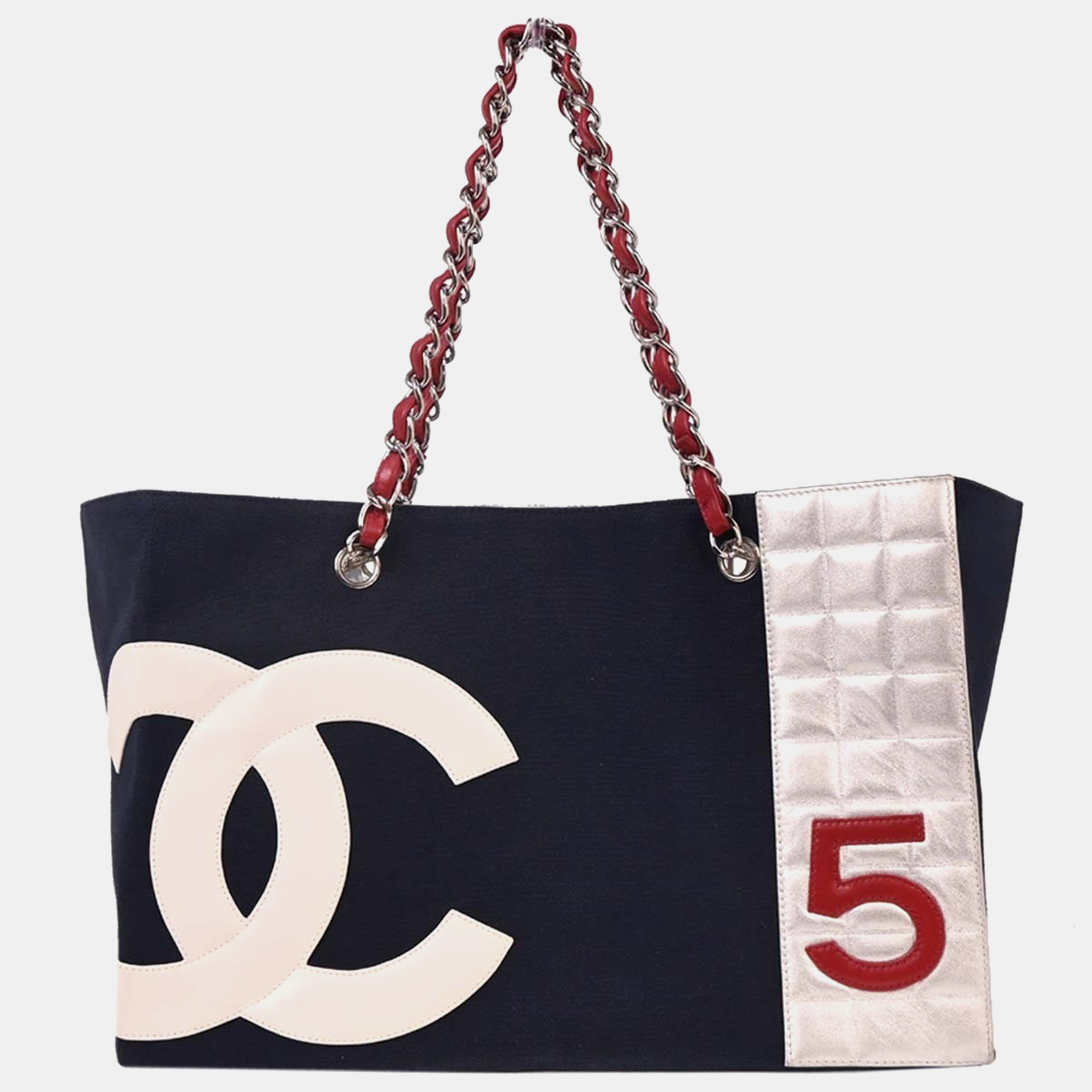 Pre-owned Chanel Navy Silver Canvas No.5 Choco Bar Tote Handbag In Blue