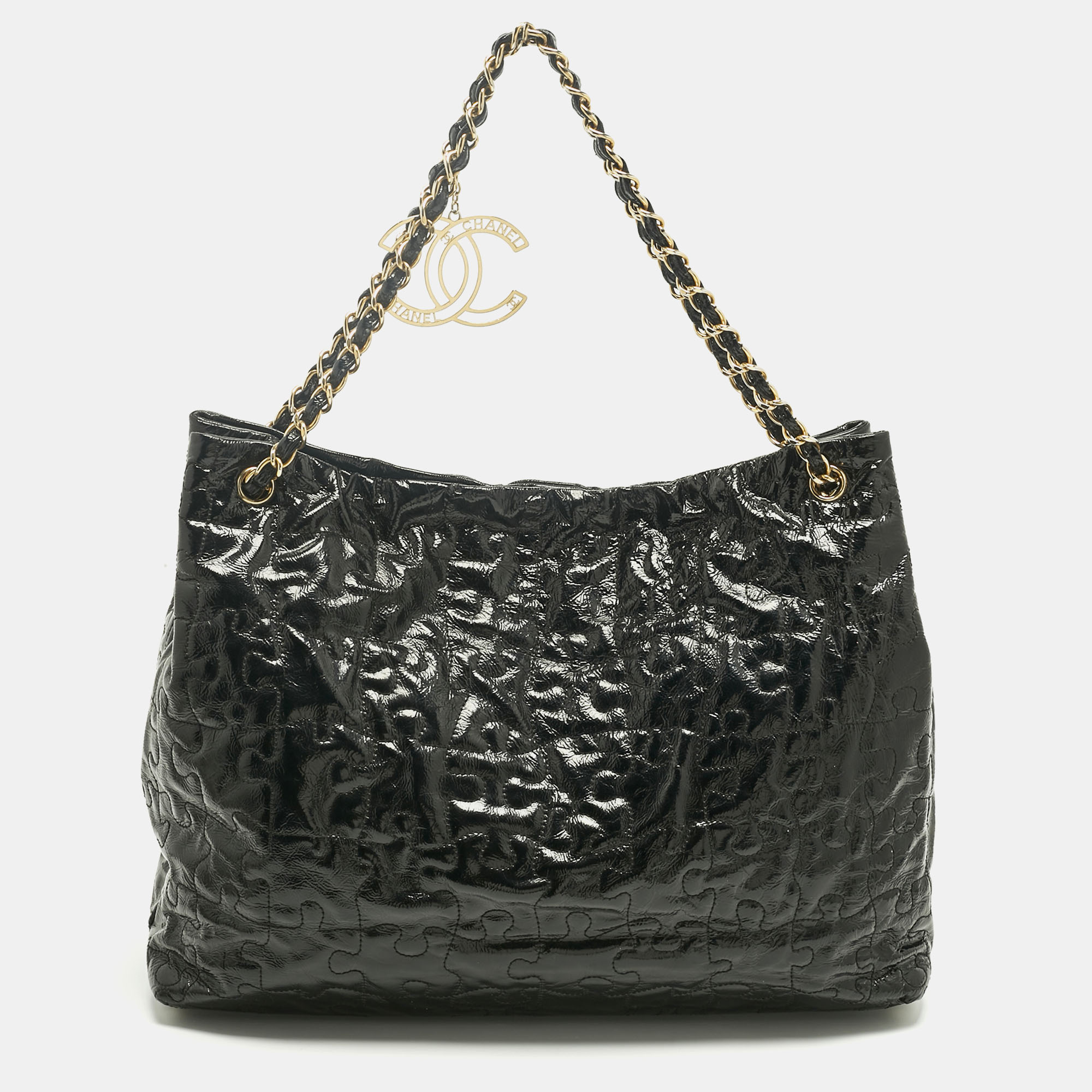 Pre-owned Chanel Black Puzzle Patent Leather Chain Tote