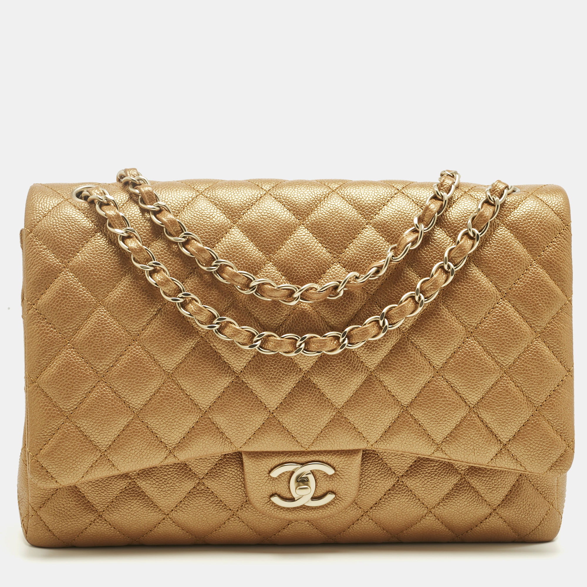 CHANEL Pre-owned Metallic Brown Quilted Caviar Leather Maxi Classic Double Flap Bag In Silver