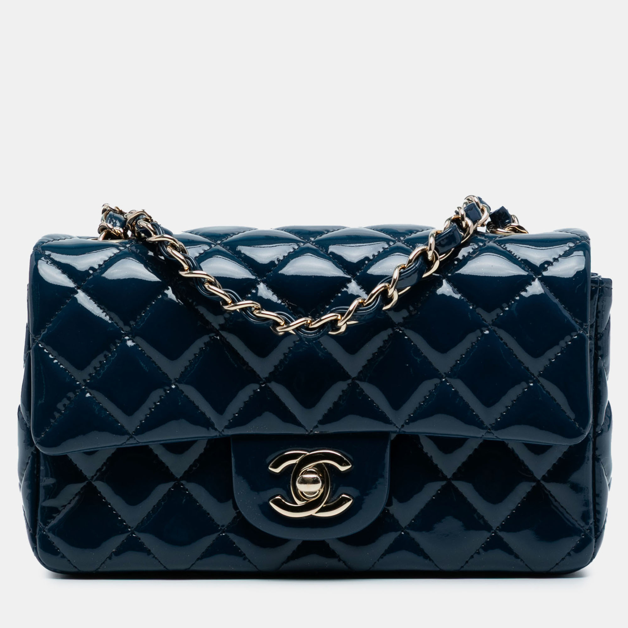 

Chanel Navy Blue Mini Rectangular Classic Patent Single Flap