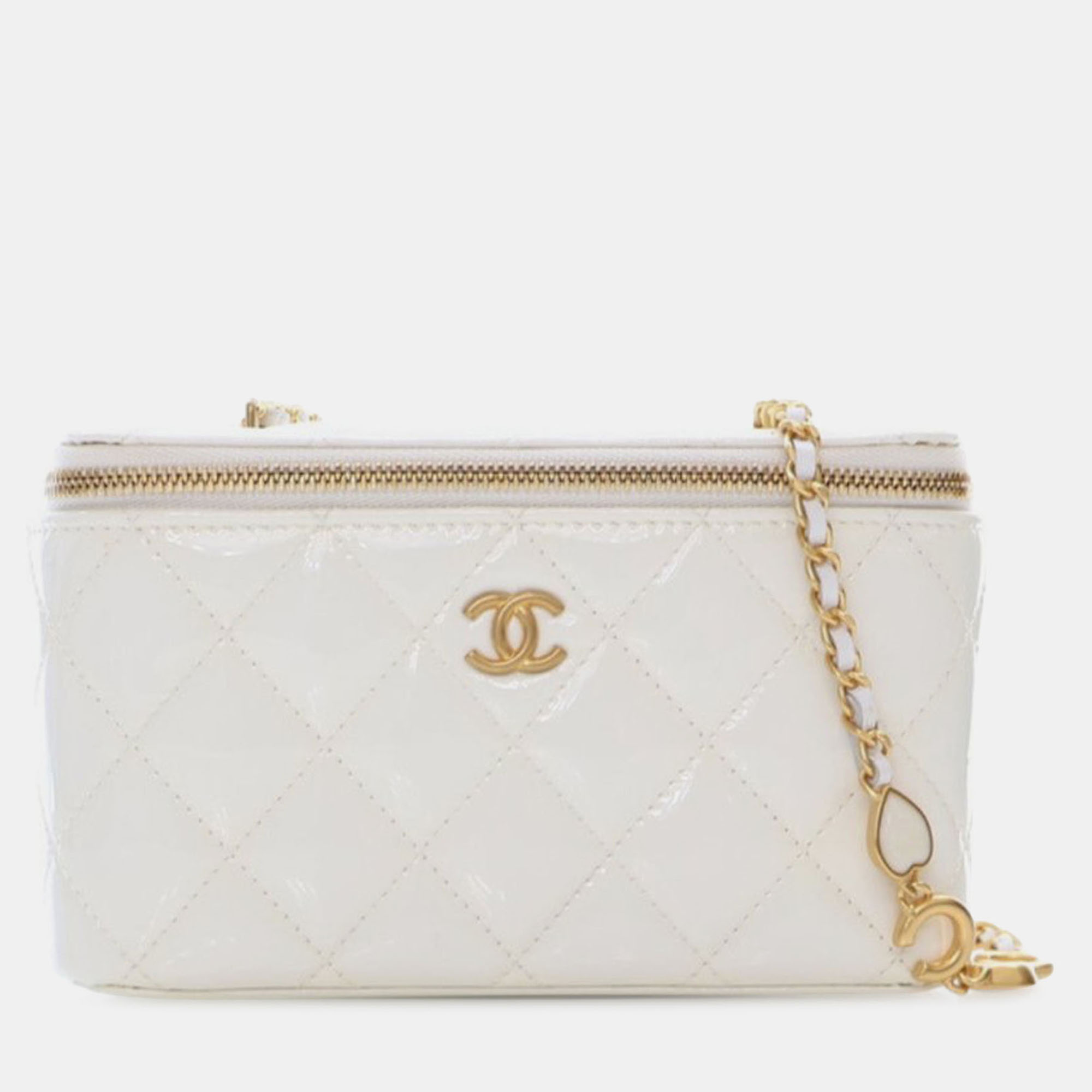 

Chanel White Small Quilted Patent Coco Heart Charms Vanity Case with Chain
